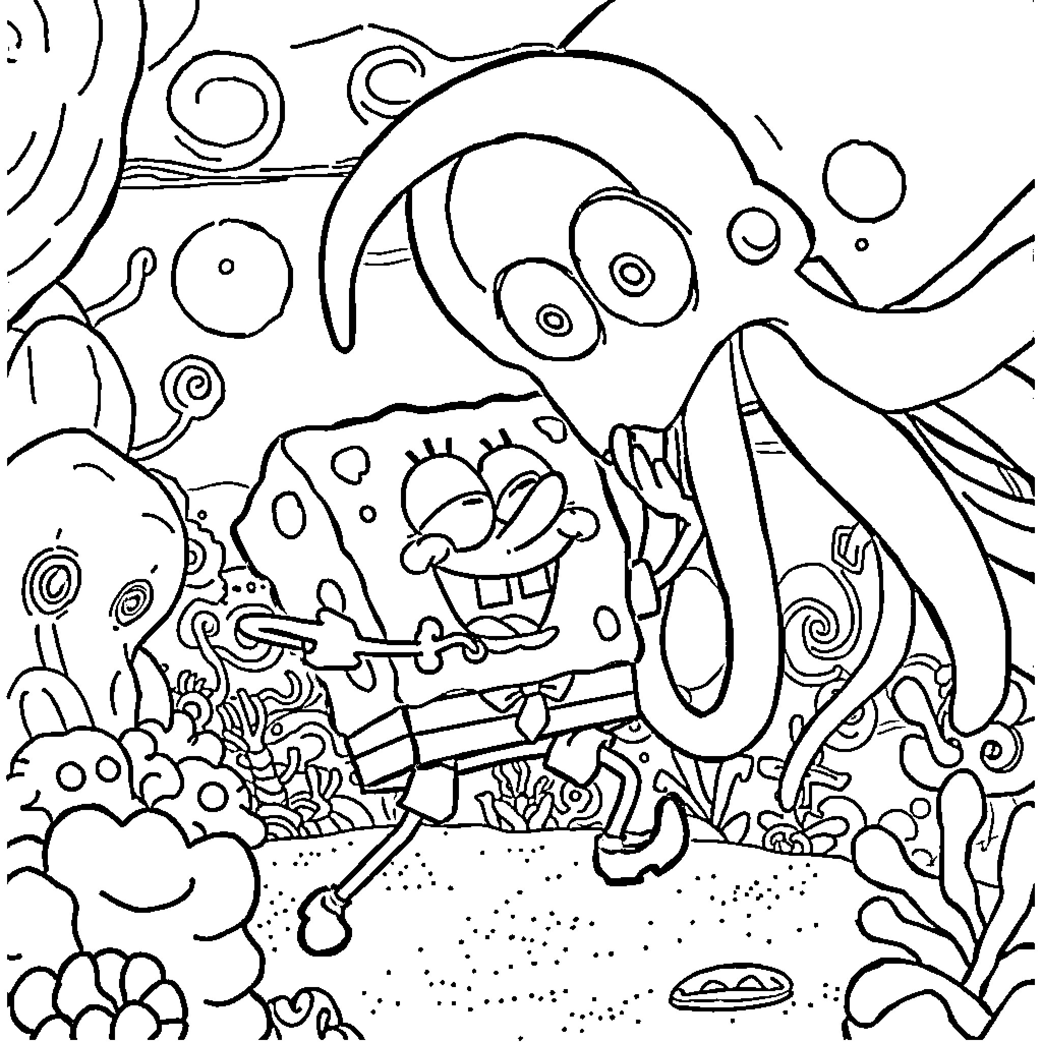 Spongebob's Underwater Adventure Coloring Page (free black-and-white line drawing printable PDF for all, from beginners to advanced learners, including children, teens, adults, and seniors)