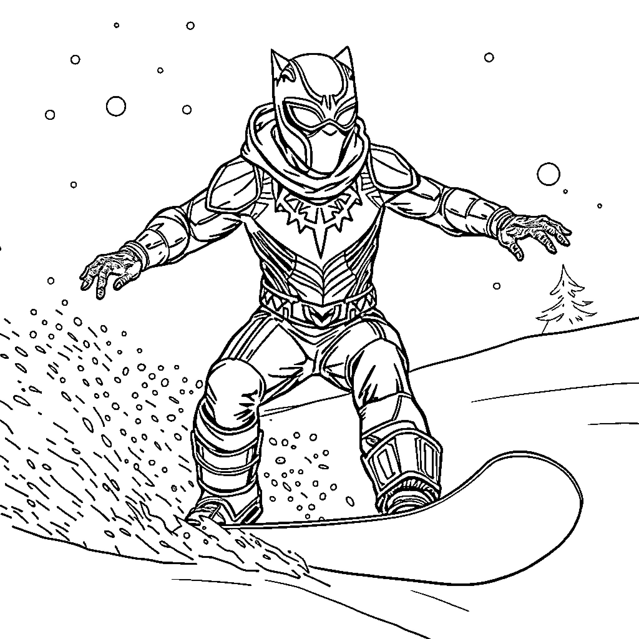 Black Panther Snowboarding Through the Mountains Coloring Page (free black-and-white line drawing printable PDF for all, from beginners to advanced learners, including children, teens, adults, and seniors)