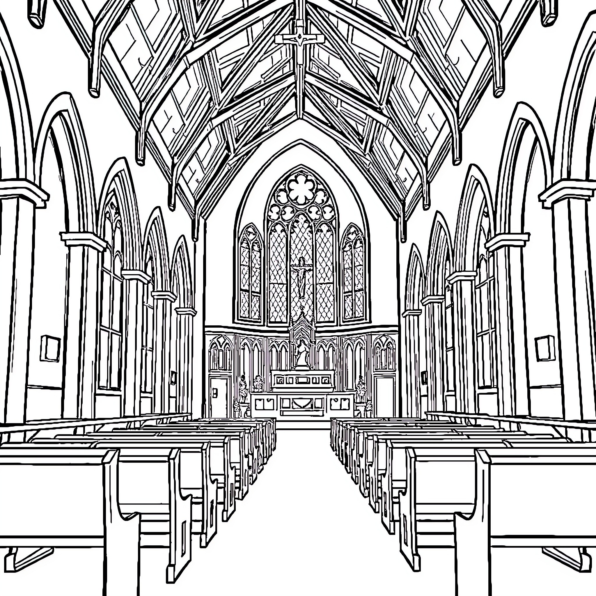 Church interior with ornate architecture and stained glass Coloring Page (free black-and-white line drawing printable PDF for all, from beginners to advanced learners, including children, teens, adults, and seniors)