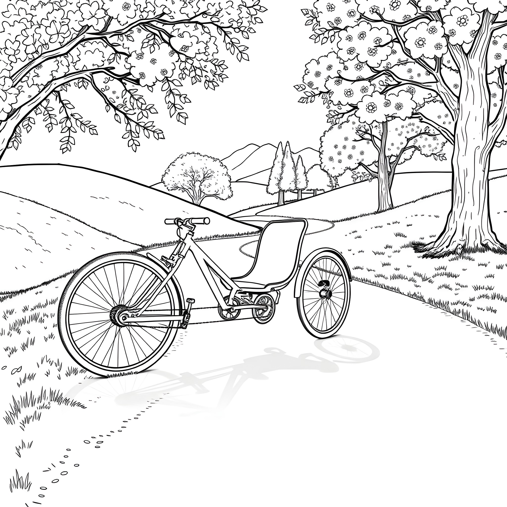 Tadpole riding a bicycle in a scenic landscape Coloring Page (free black-and-white line drawing printable PDF for all, from beginners to advanced learners, including children, teens, adults, and seniors)