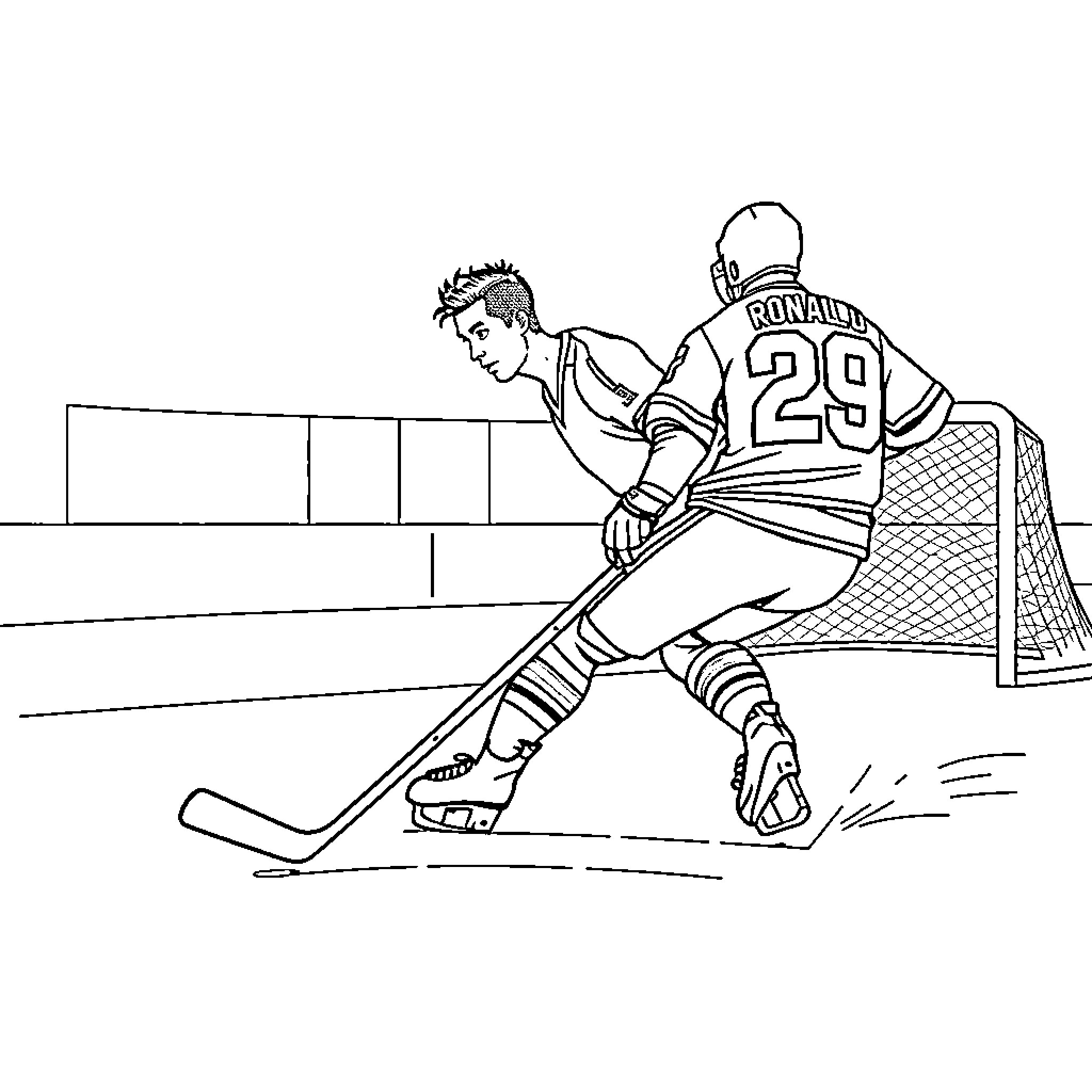 Cristiano Ronaldo Playing Hockey in the Stadium Coloring Page (free black-and-white line drawing printable PDF for all, from beginners to advanced learners, including children, teens, adults, and seniors)