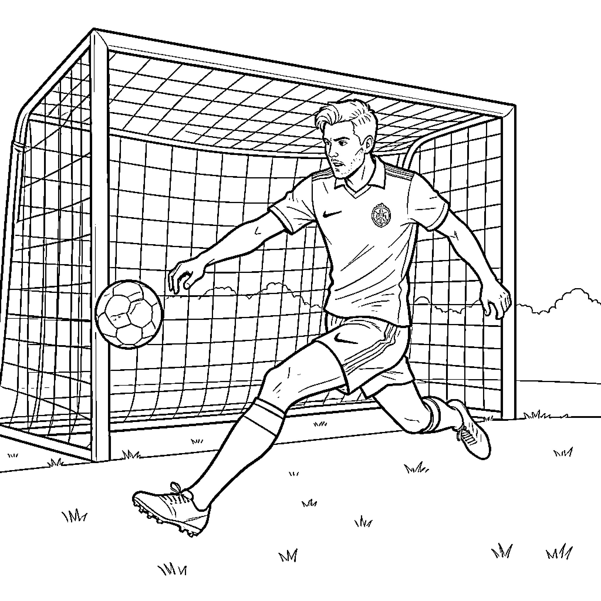 Football Player kicking a ball towards the goal Coloring Page (free black-and-white line drawing printable PDF for all, from beginners to advanced learners, including children, teens, adults, and seniors)