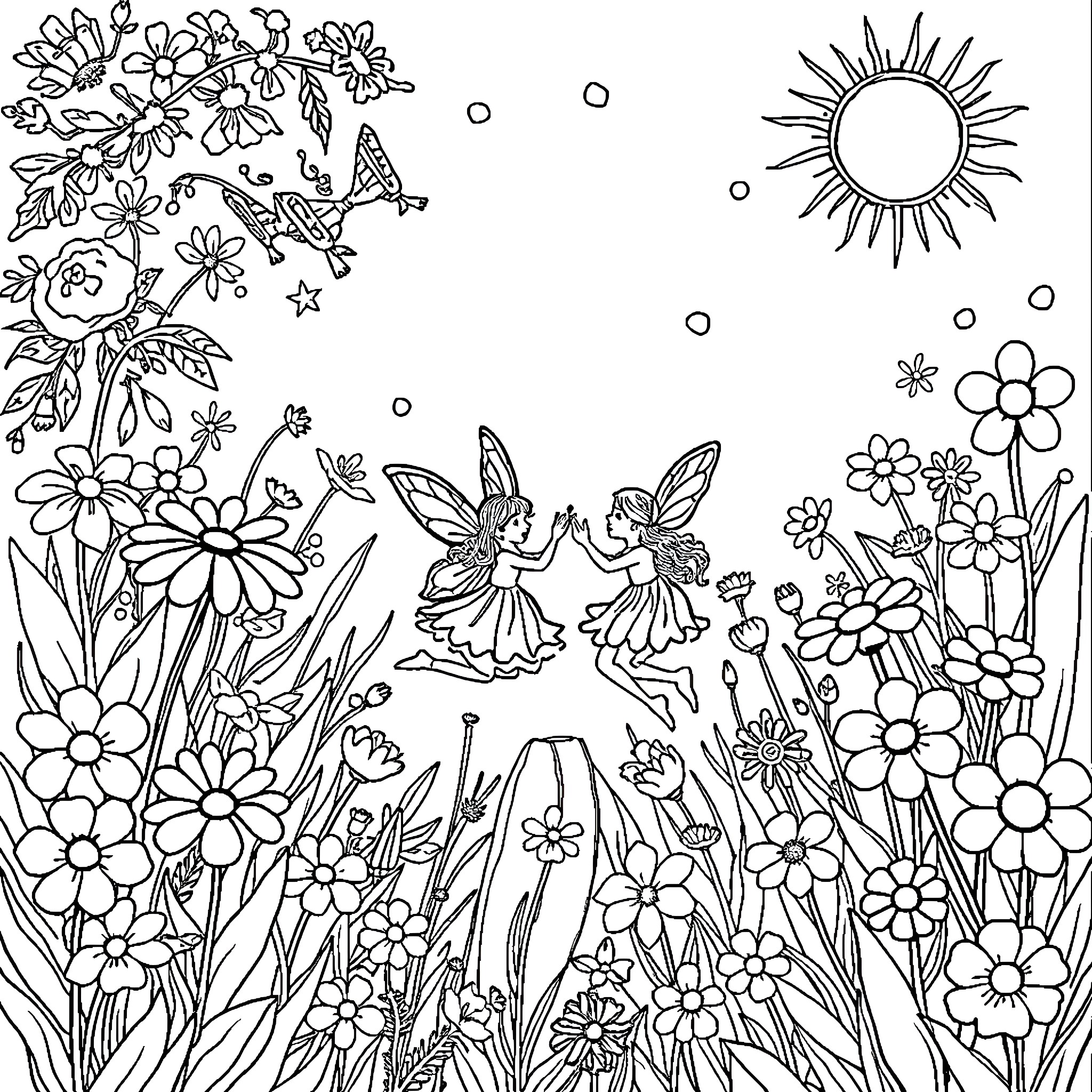 Fairy Meadow with Playful Fairies and Flowers Coloring Page (free black-and-white line drawing printable PDF for all, from beginners to advanced learners, including children, teens, adults, and seniors)