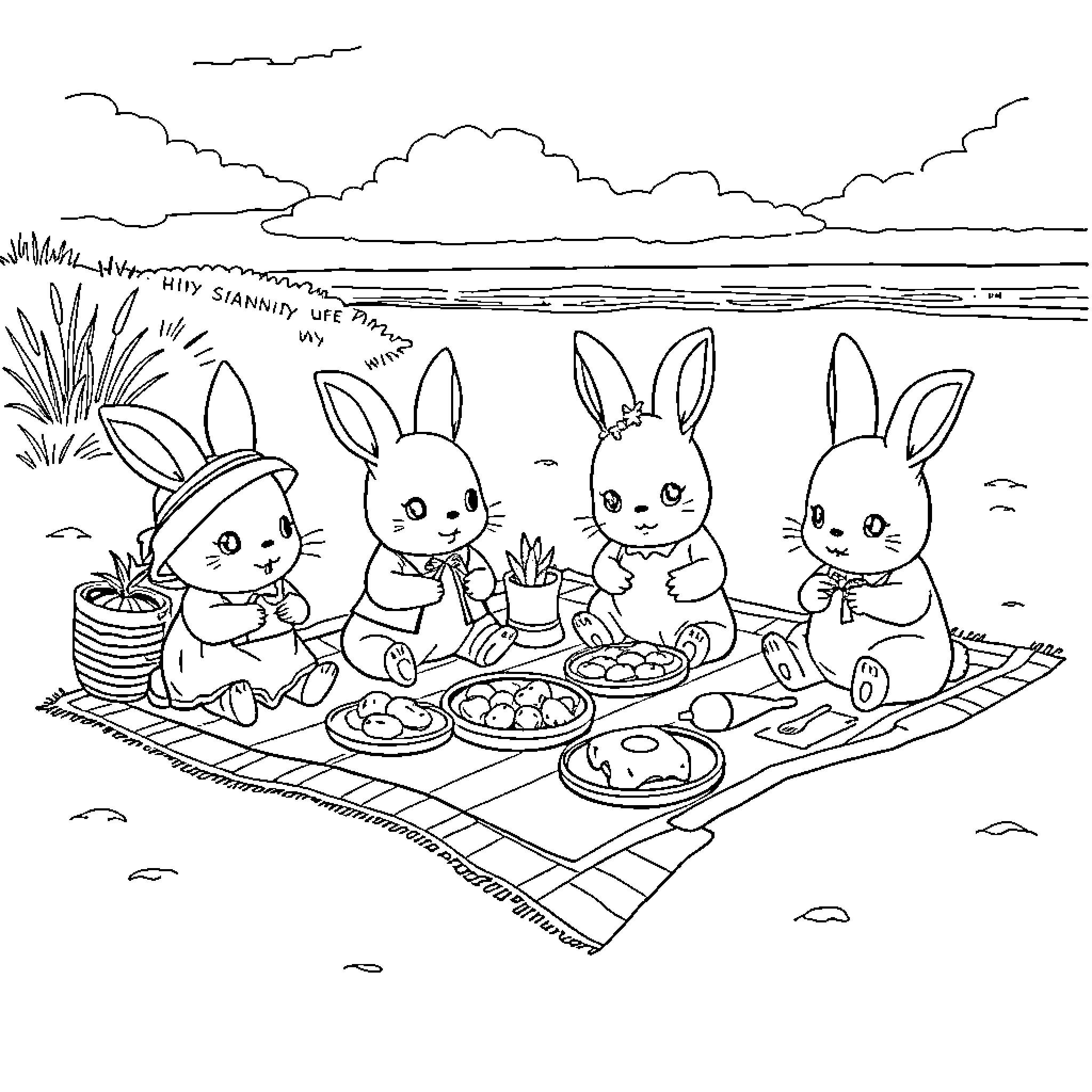 Rabbits enjoying a picnic by the lake Coloring Page (free black-and-white line drawing printable PDF for all, from beginners to advanced learners, including children, teens, adults, and seniors)