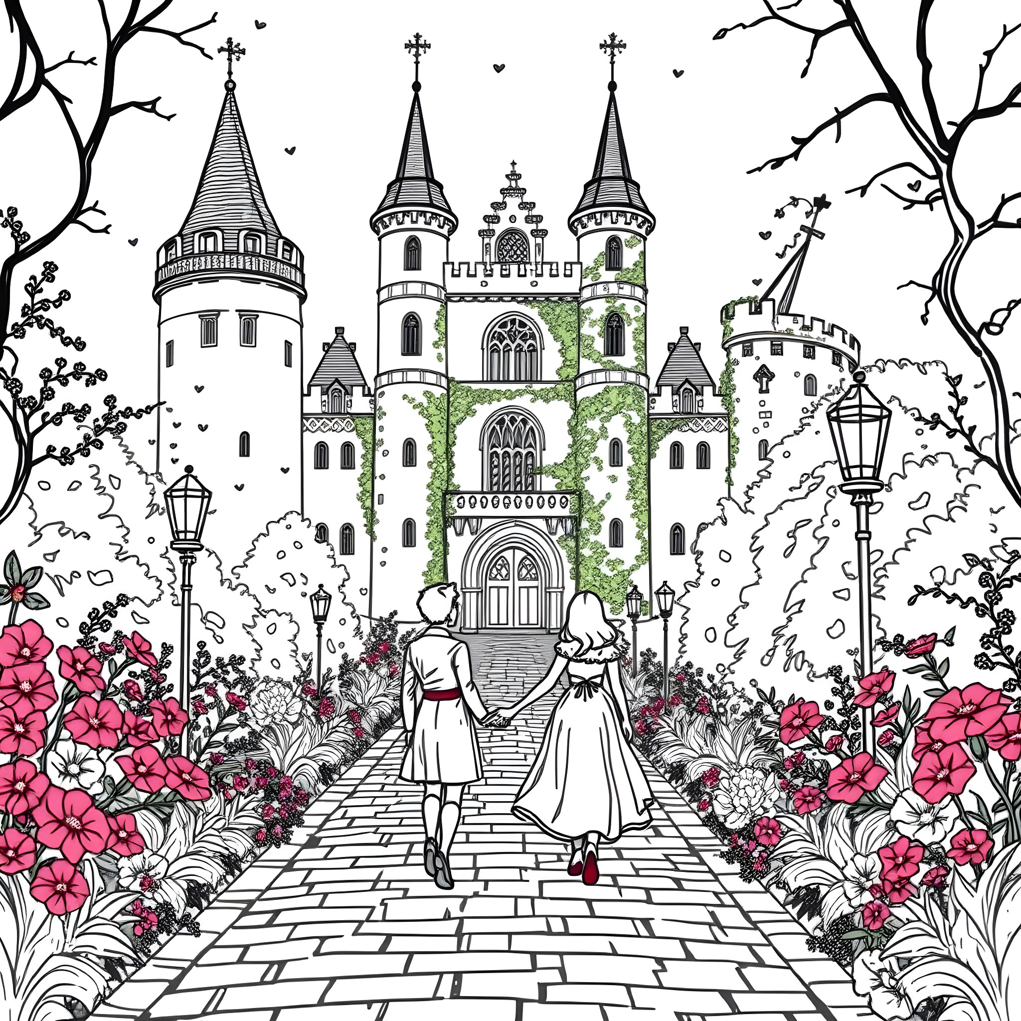 Couple strolling through a fairy-tale castle garden Coloring Page (free black-and-white line drawing printable PDF for all, from beginners to advanced learners, including children, teens, adults, and seniors)