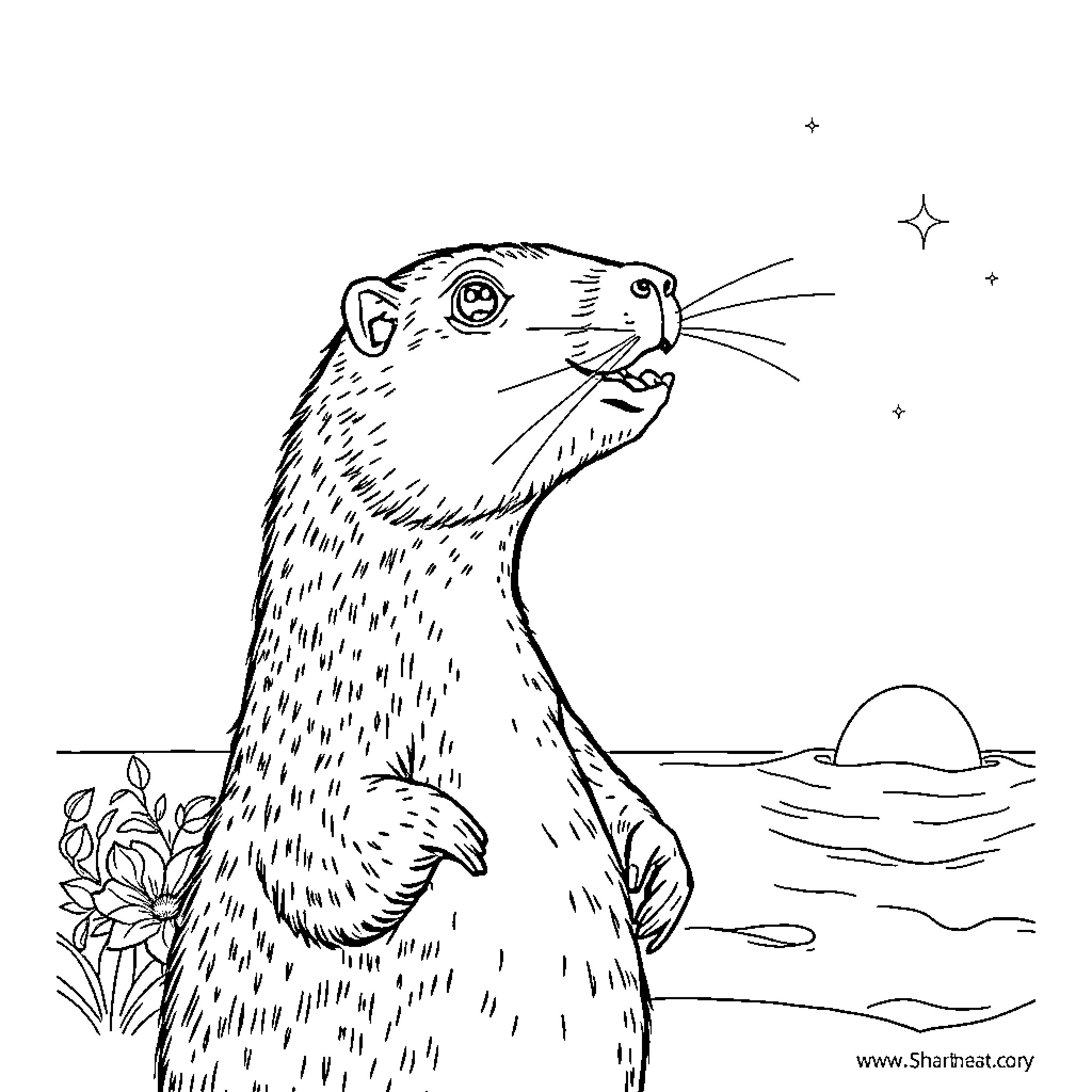 Capybara enjoying the starry night Coloring Page (free black-and-white line drawing printable PDF for all, from beginners to advanced learners, including children, teens, adults, and seniors)