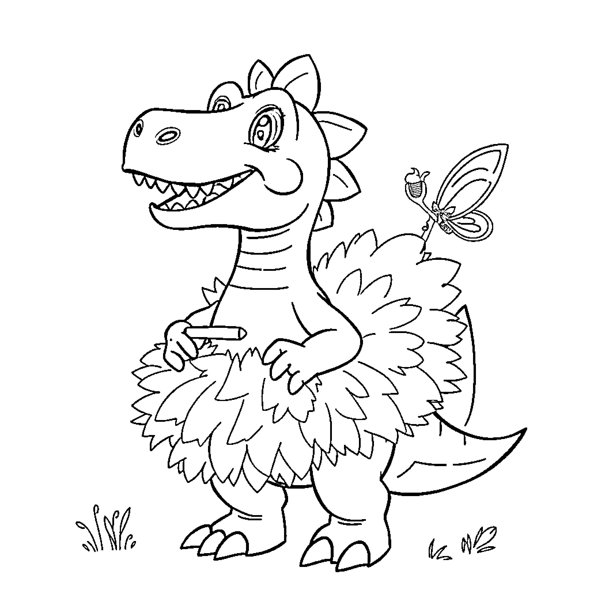 Dinosaur happily chasing a butterfly Coloring Page (free black-and-white line drawing printable PDF for all, from beginners to advanced learners, including children, teens, adults, and seniors)