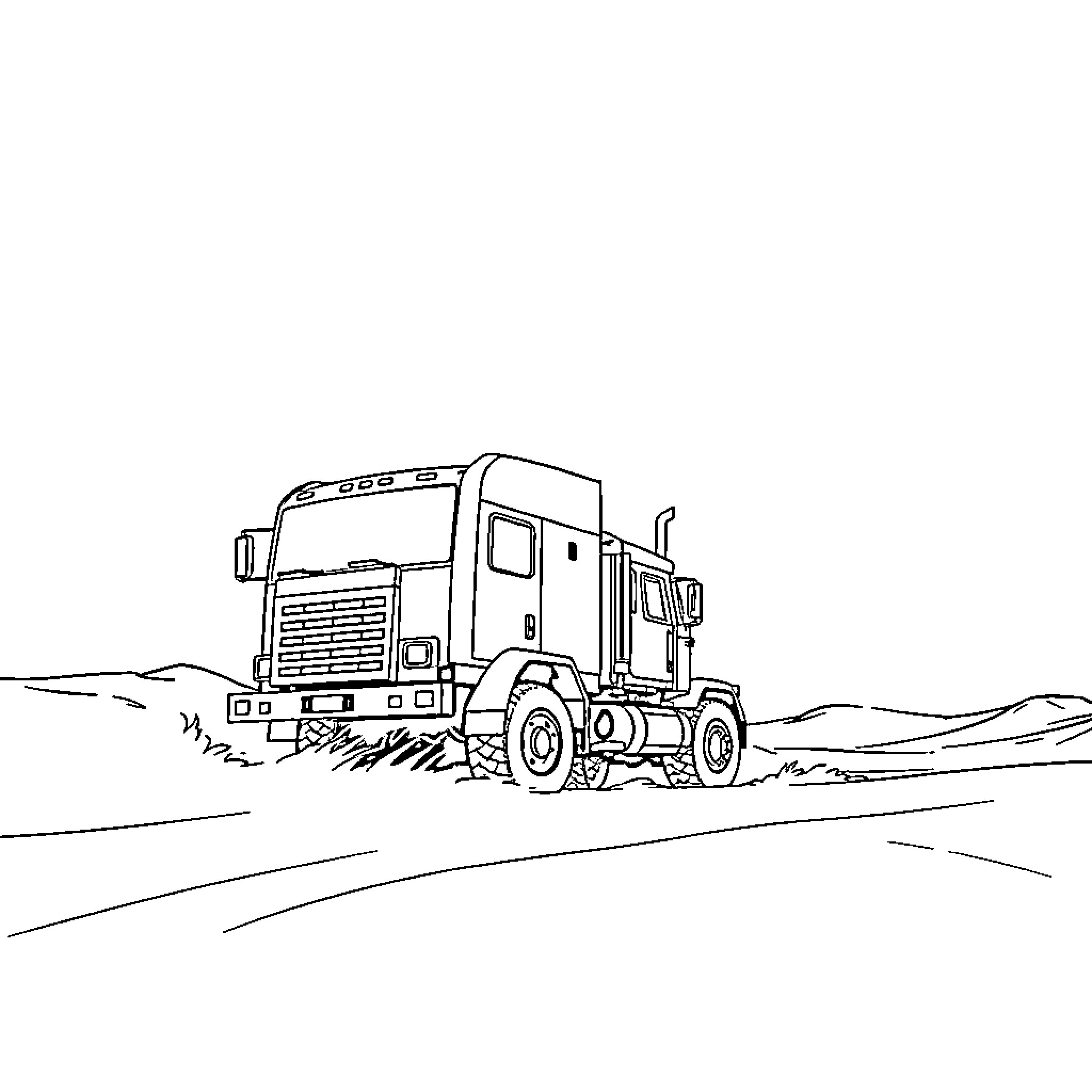 Truck driving through rugged terrain Coloring Page (free black-and-white line drawing printable PDF for all, from beginners to advanced learners, including children, teens, adults, and seniors)