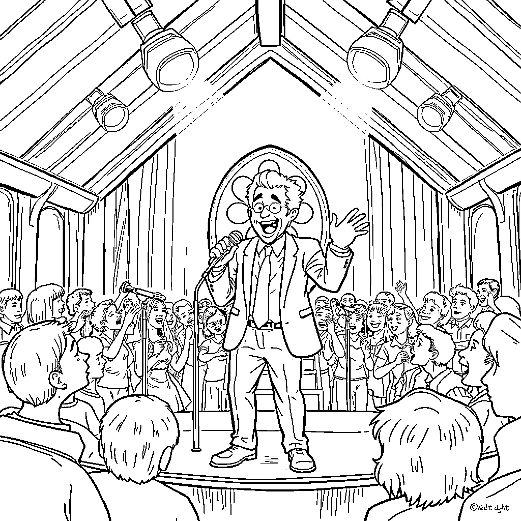 David Letterman Entertaining a Lively Audience on Stage Coloring Page (free black-and-white line drawing printable PDF for all, from beginners to advanced learners, including children, teens, adults, and seniors)