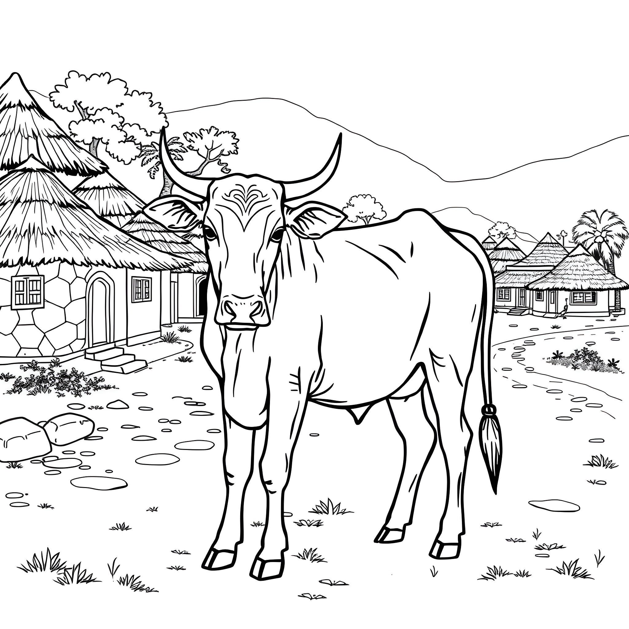 Cow standing in a rural landscape Coloring Page (free black-and-white line drawing printable PDF for all, from beginners to advanced learners, including children, teens, adults, and seniors)