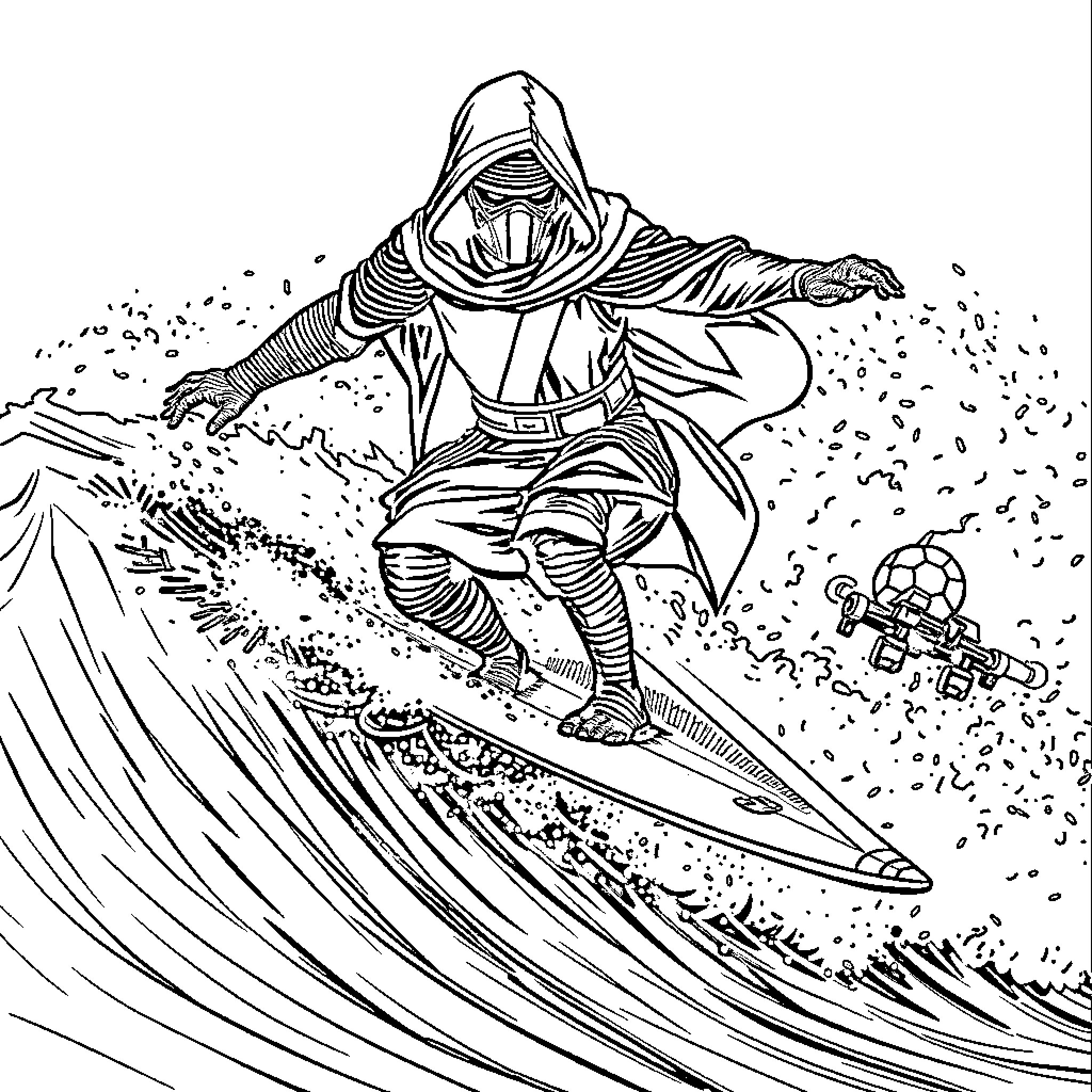 Kylo Ren riding a massive wave on a snowboard Coloring Page (free black-and-white line drawing printable PDF for all, from beginners to advanced learners, including children, teens, adults, and seniors)