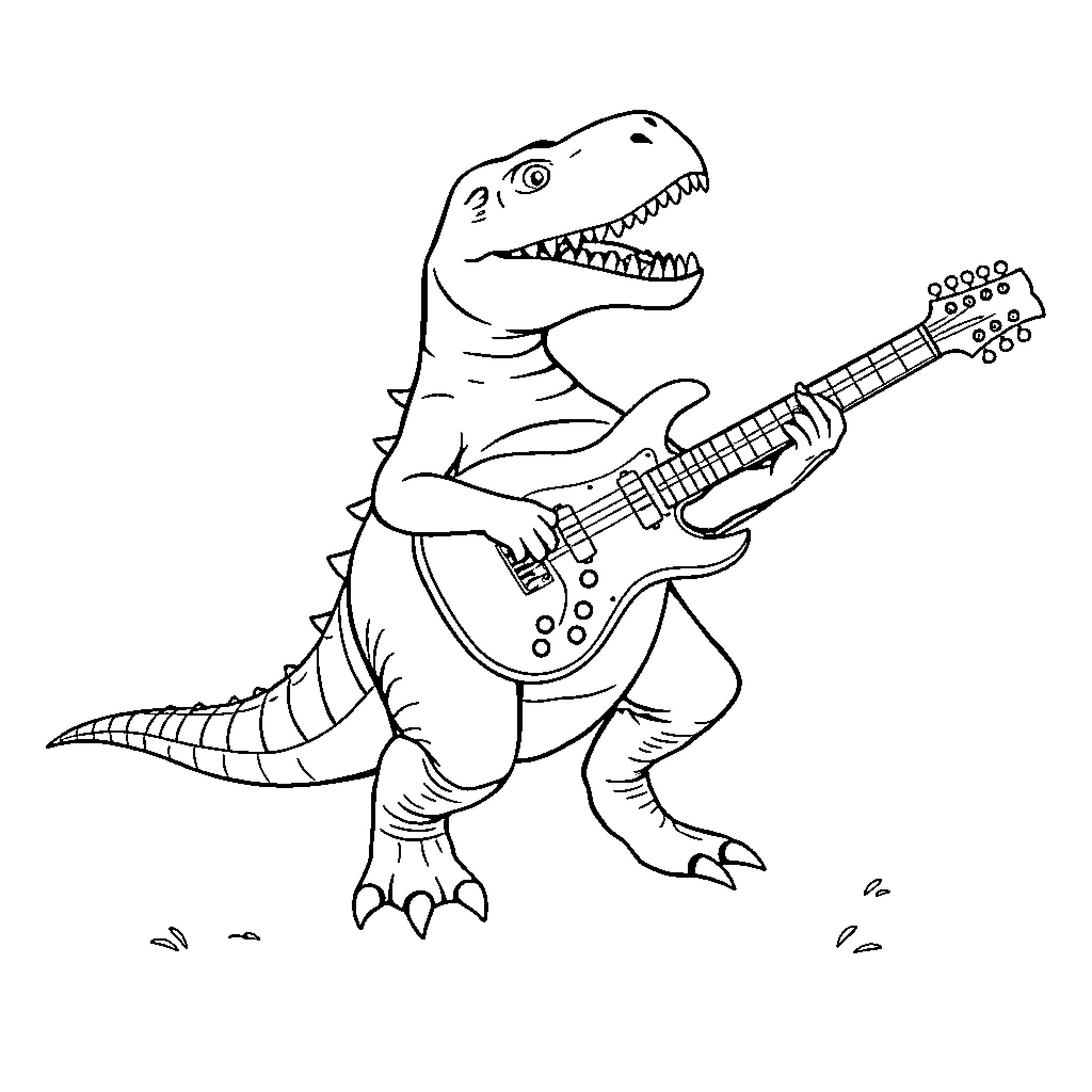 Spinosaurus playing electric guitar Coloring Page (free black-and-white line drawing printable PDF for all, from beginners to advanced learners, including children, teens, adults, and seniors)