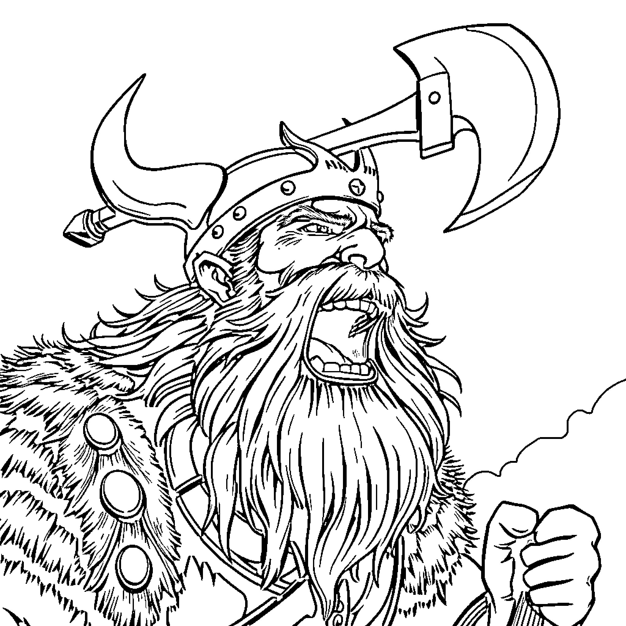 Viking warrior brandishing his axe in battle Coloring Page (free black-and-white line drawing printable PDF for all, from beginners to advanced learners, including children, teens, adults, and seniors)