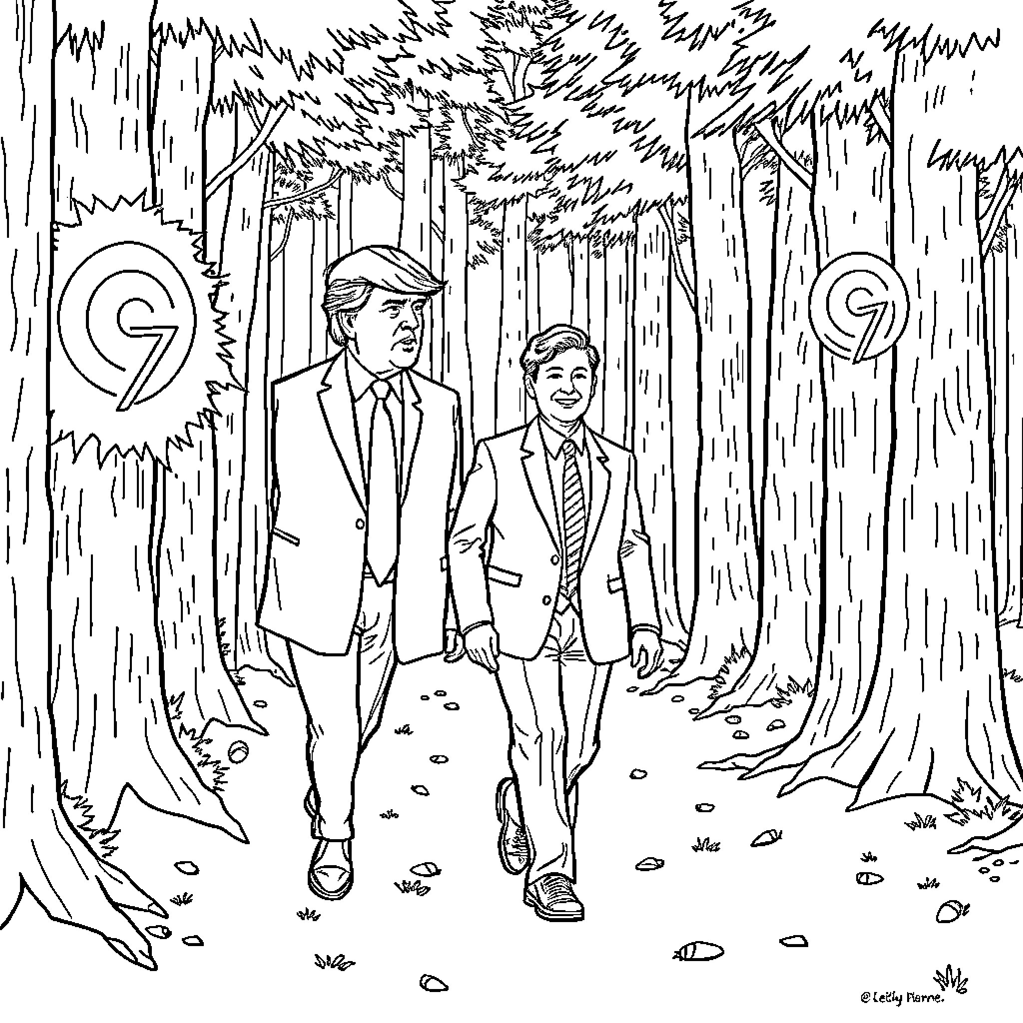 Donald Trump and a companion walking through a forest Coloring Page (free black-and-white line drawing printable PDF for all, from beginners to advanced learners, including children, teens, adults, and seniors)