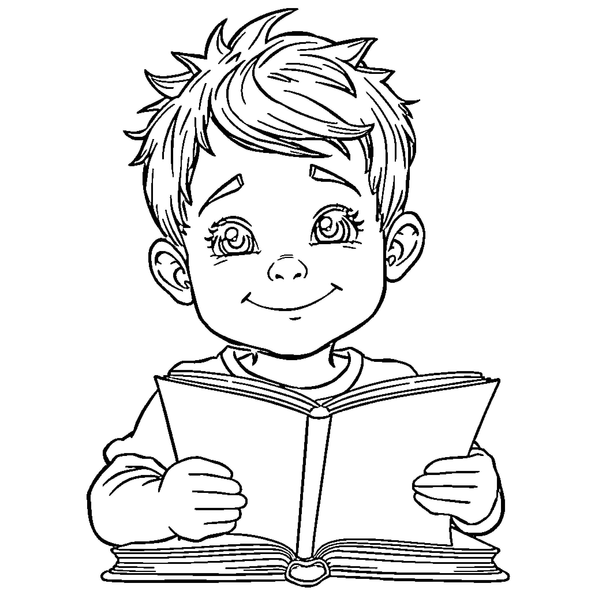 Child reading an open book happily Coloring Page (free black-and-white line drawing printable PDF for all, from beginners to advanced learners, including children, teens, adults, and seniors)