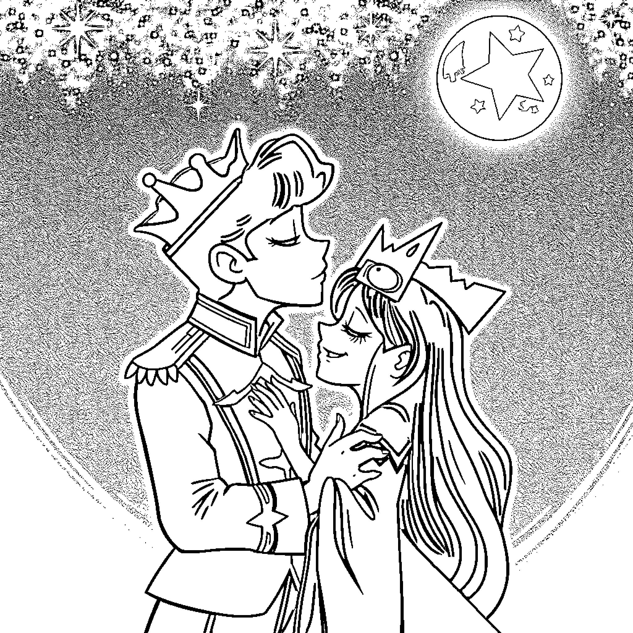 Prince Bubblegum's Magical Moonlit Dance Coloring Page (free black-and-white line drawing printable PDF for all, from beginners to advanced learners, including children, teens, adults, and seniors)