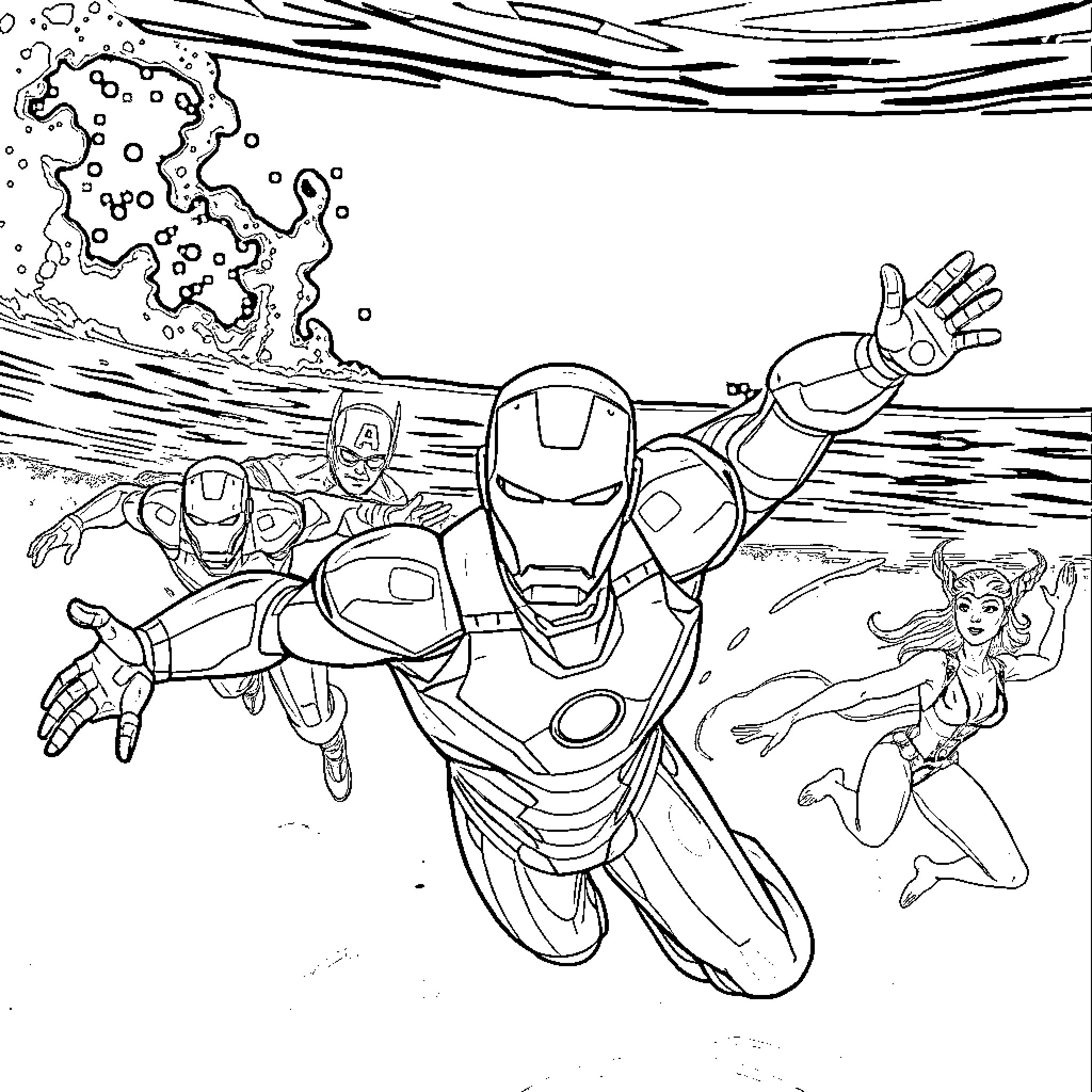 Iron Man and Superheroes in Action Coloring Page (free black-and-white line drawing printable PDF for all, from beginners to advanced learners, including children, teens, adults, and seniors)