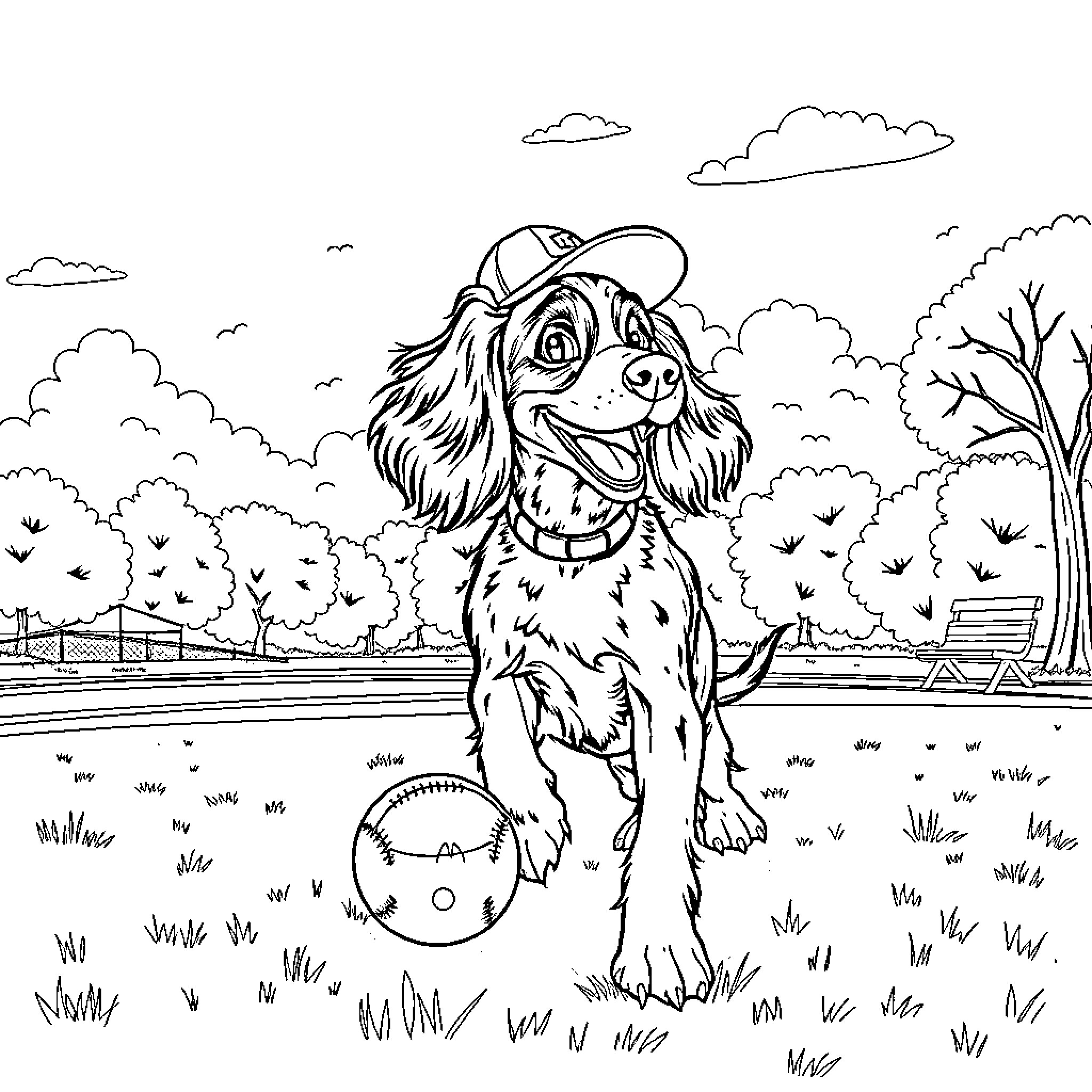 Boykin Spaniel playing joyfully in a scenic park Coloring Page (free black-and-white line drawing printable PDF for all, from beginners to advanced learners, including children, teens, adults, and seniors)