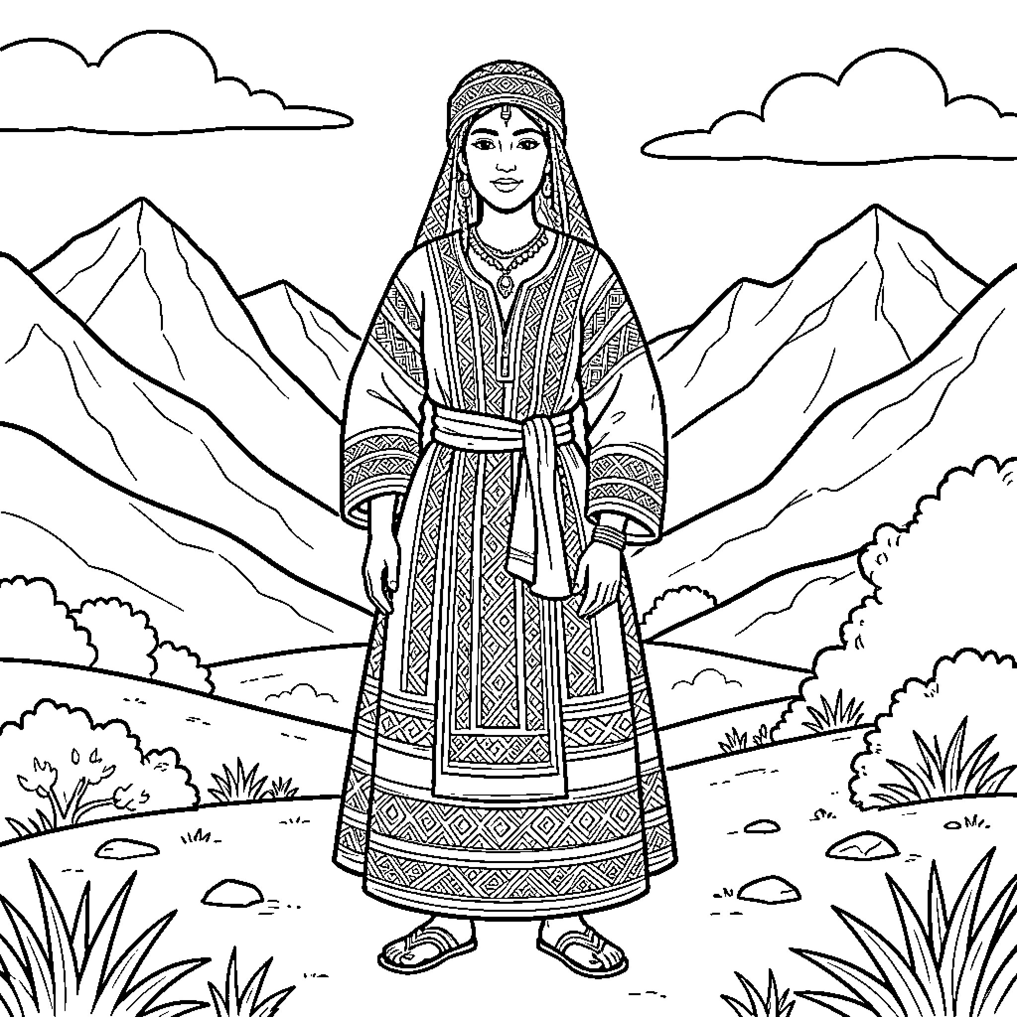 Kabyle Woman standing in a mountain landscape Coloring Page (free black-and-white line drawing printable PDF for all, from beginners to advanced learners, including children, teens, adults, and seniors)