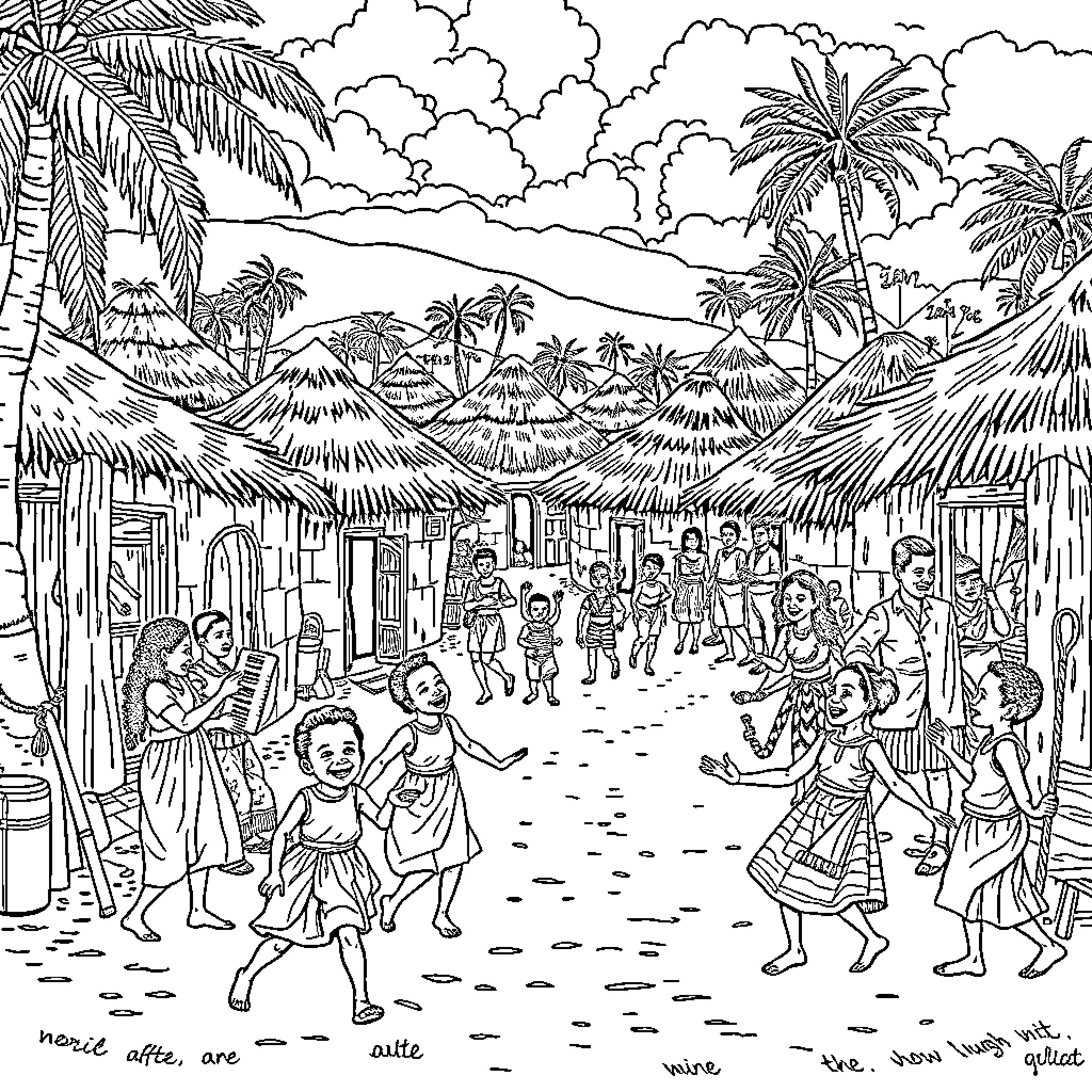 Children's Vibrant Village Scene with Tropical Landscape Coloring Page (free black-and-white line drawing printable PDF for all, from beginners to advanced learners, including children, teens, adults, and seniors)