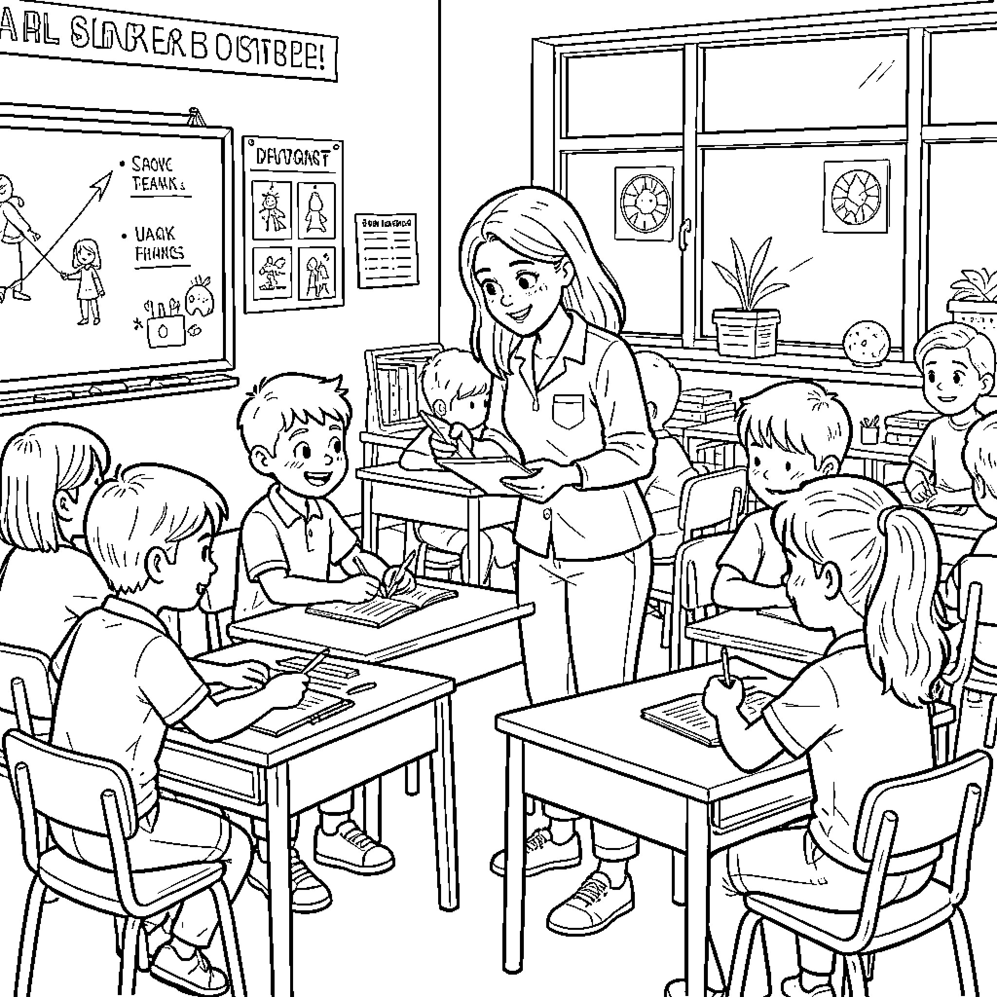 Teacher guiding students in a classroom Coloring Page (free black-and-white line drawing printable PDF for all, from beginners to advanced learners, including children, teens, adults, and seniors)