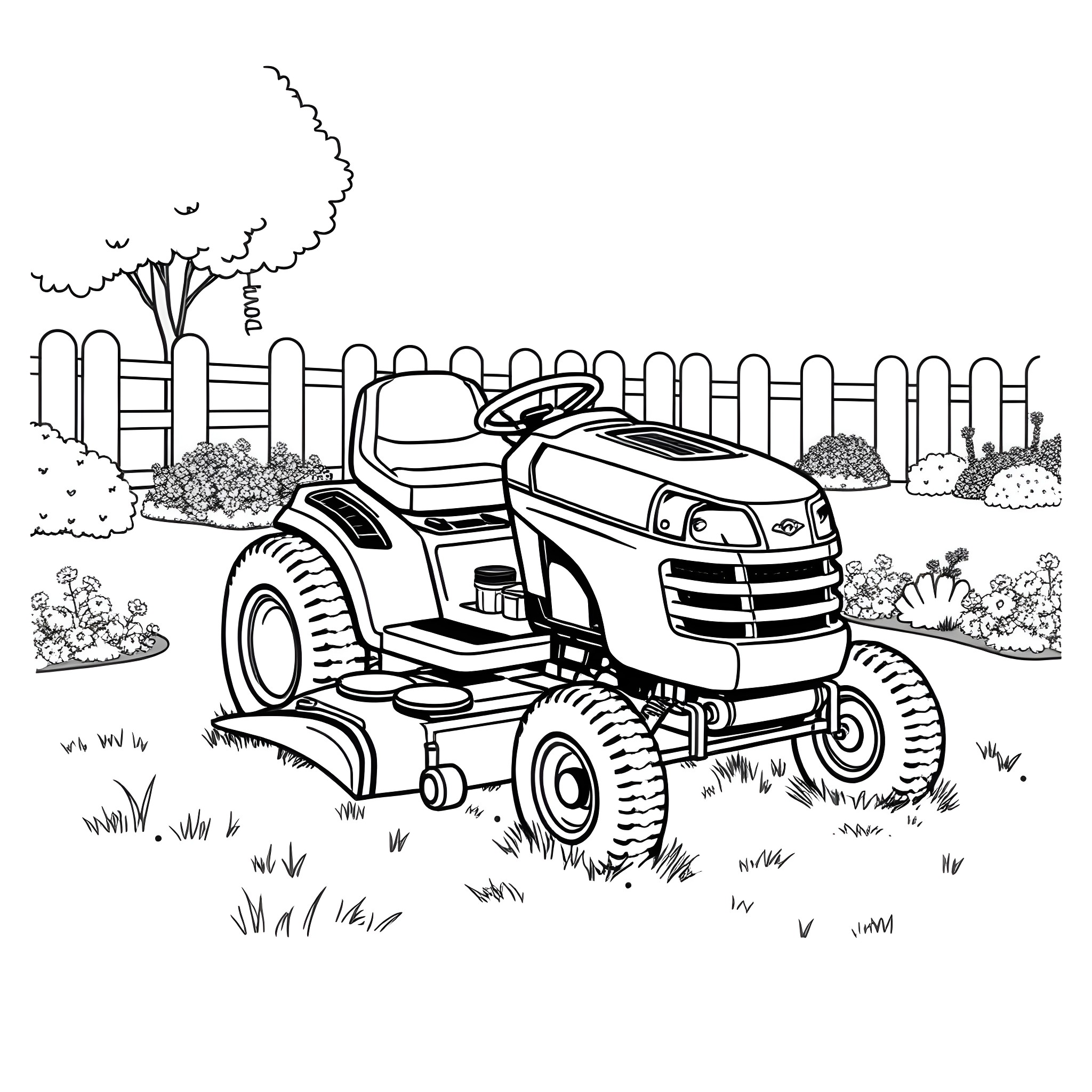 Riding Mower in a Serene Backyard Scene Coloring Page (free black-and-white line drawing printable PDF for all, from beginners to advanced learners, including children, teens, adults, and seniors)