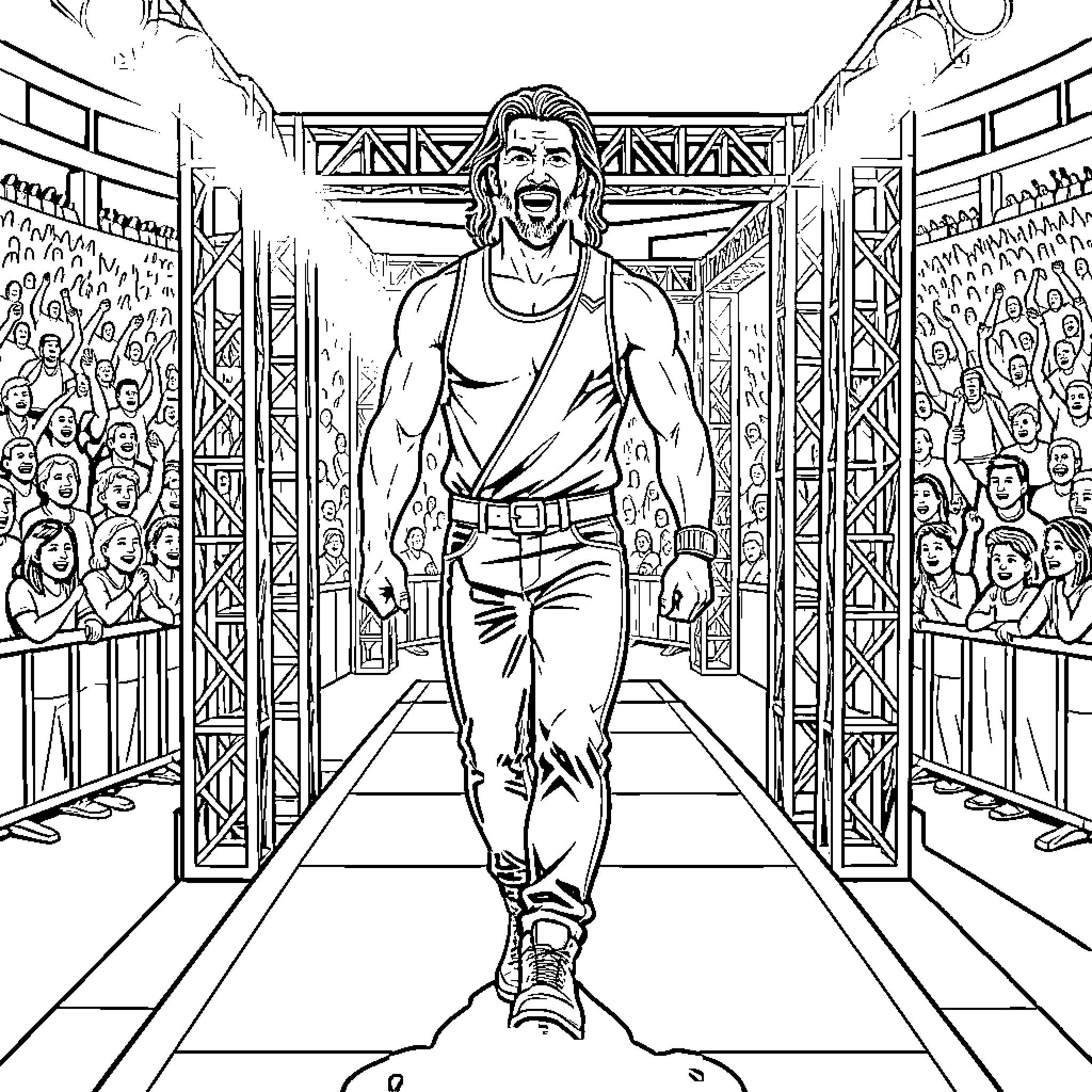 Wrestler Entering Arena with Confident Stride Coloring Page (free black-and-white line drawing printable PDF for all, from beginners to advanced learners, including children, teens, adults, and seniors)