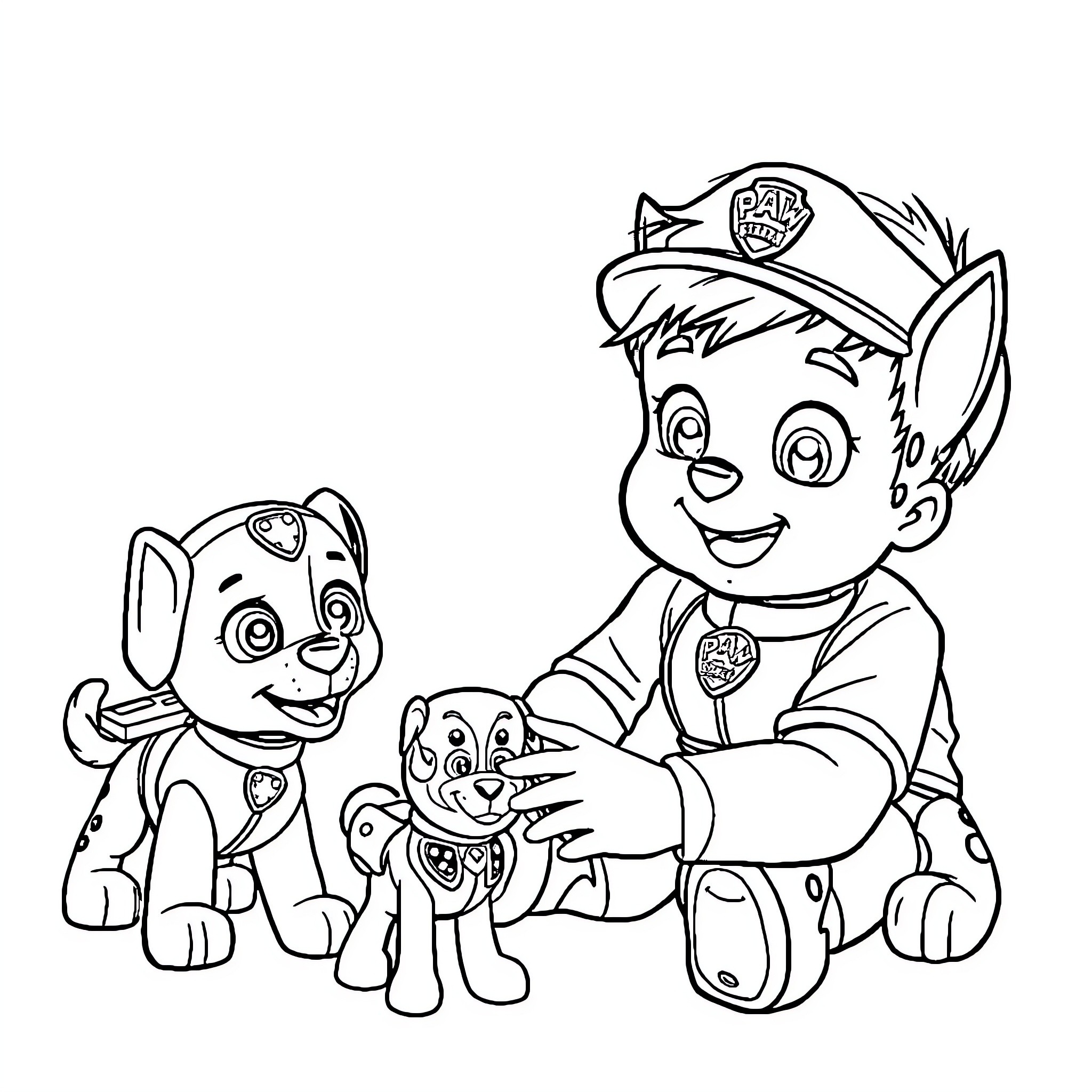 Baby Paw Patrol Pups Playing Together Coloring Page (free black-and-white line drawing printable PDF for all, from beginners to advanced learners, including children, teens, adults, and seniors)