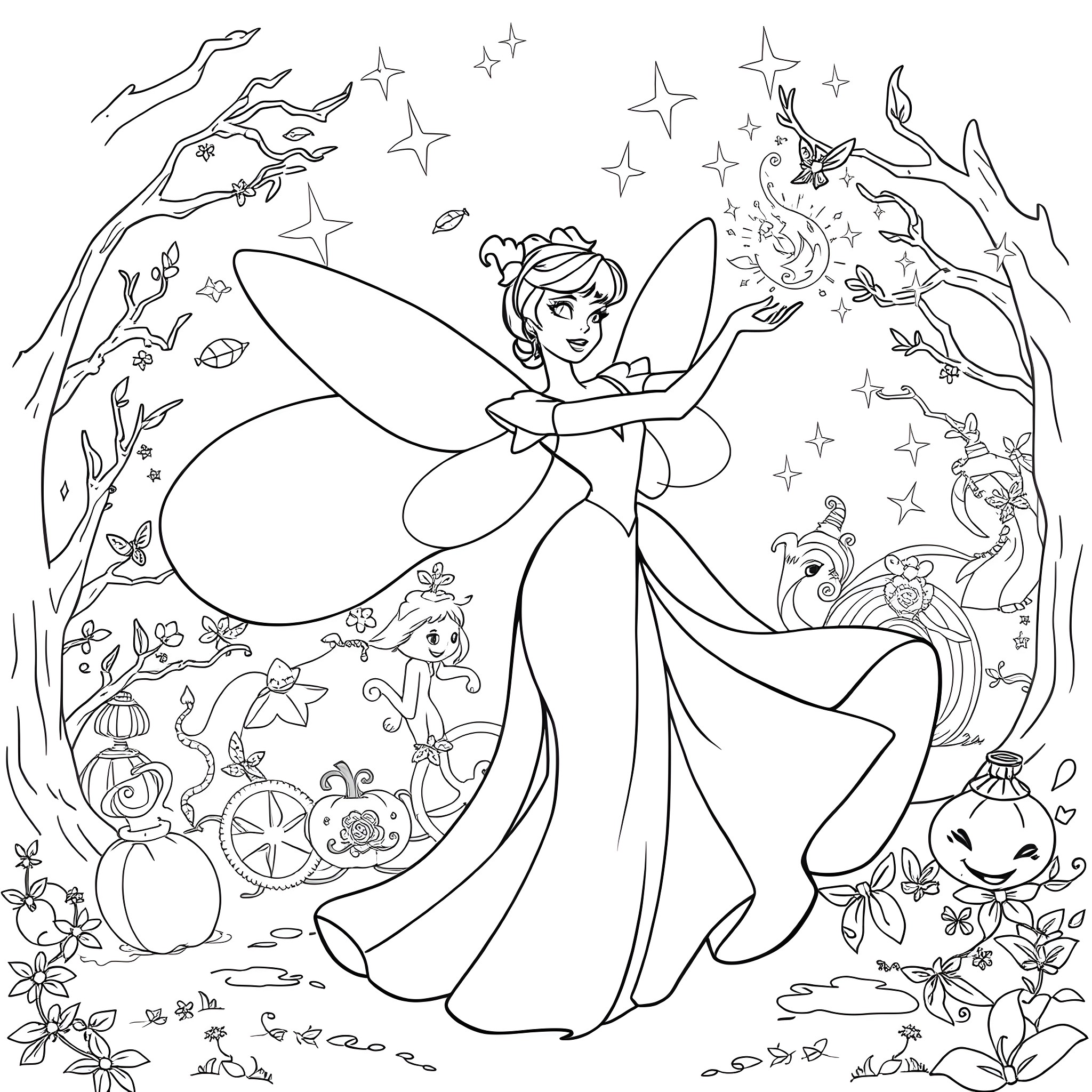 Fairy Godmother casting spells with magical creatures Coloring Page (free black-and-white line drawing printable PDF for all, from beginners to advanced learners, including children, teens, adults, and seniors)