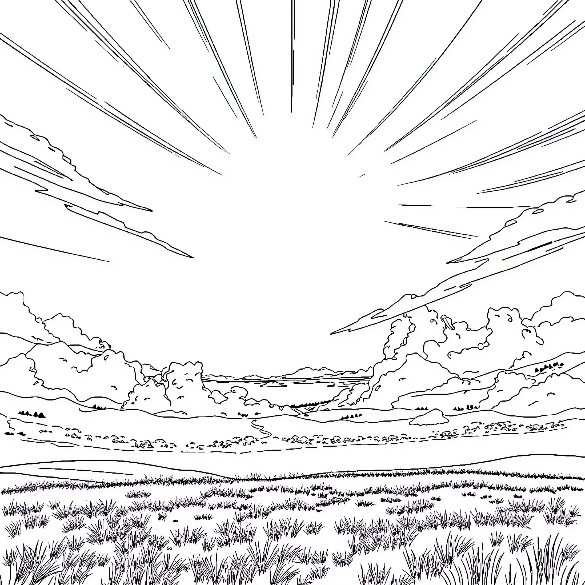 Heaven's Radiant Landscape Emerges Coloring Page (free black-and-white line drawing printable PDF for all, from beginners to advanced learners, including children, teens, adults, and seniors)