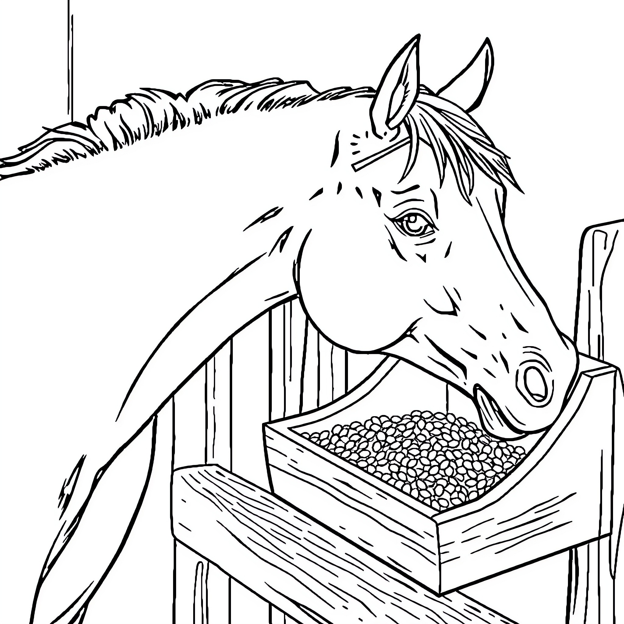 Horse eating from wooden trough Coloring Page (free black-and-white line drawing printable PDF for all, from beginners to advanced learners, including children, teens, adults, and seniors)