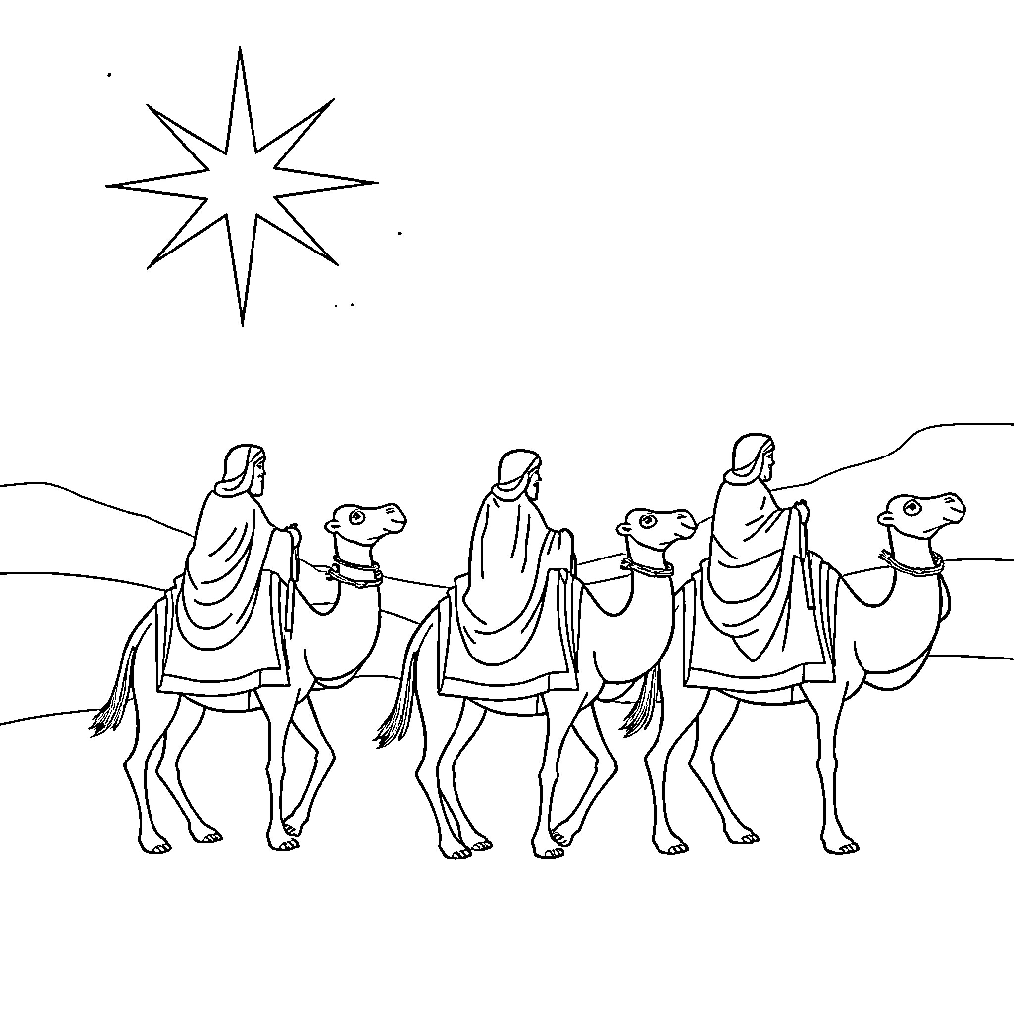 Wise Men Traveling on Camels Under the Shining Star Coloring Page (free black-and-white line drawing printable PDF for all, from beginners to advanced learners, including children, teens, adults, and seniors)