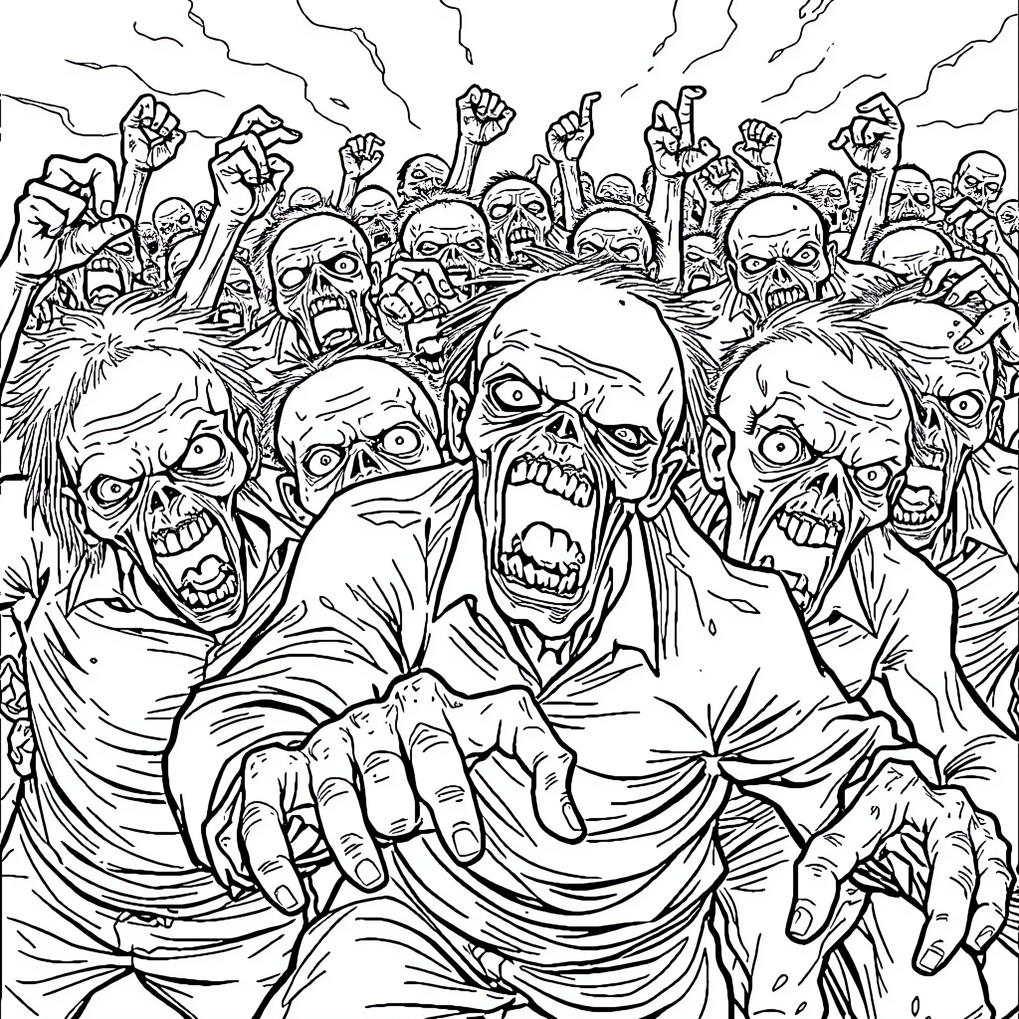 Zombie horde unleashes terrifying chaos Coloring Page (free black-and-white line drawing printable PDF for all, from beginners to advanced learners, including children, teens, adults, and seniors)