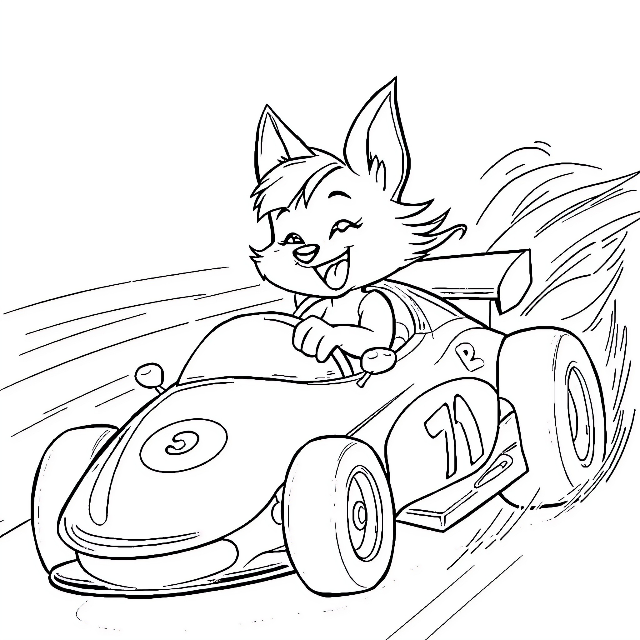 Bluey racing in a fast car with excitement Coloring Page (free black-and-white line drawing printable PDF for all, from beginners to advanced learners, including children, teens, adults, and seniors)