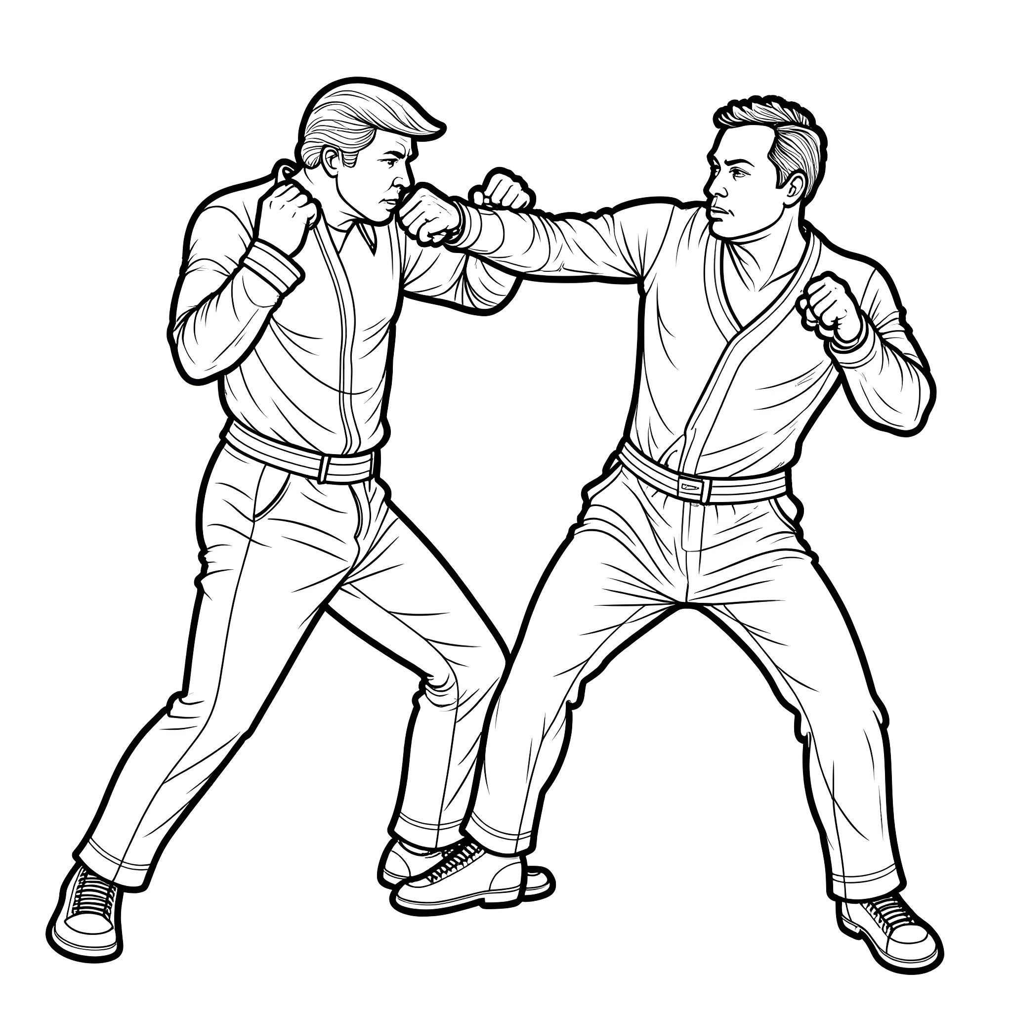 Donald Trump's Fighters in Confrontational Pose Coloring Page (free black-and-white line drawing printable PDF for all, from beginners to advanced learners, including children, teens, adults, and seniors)