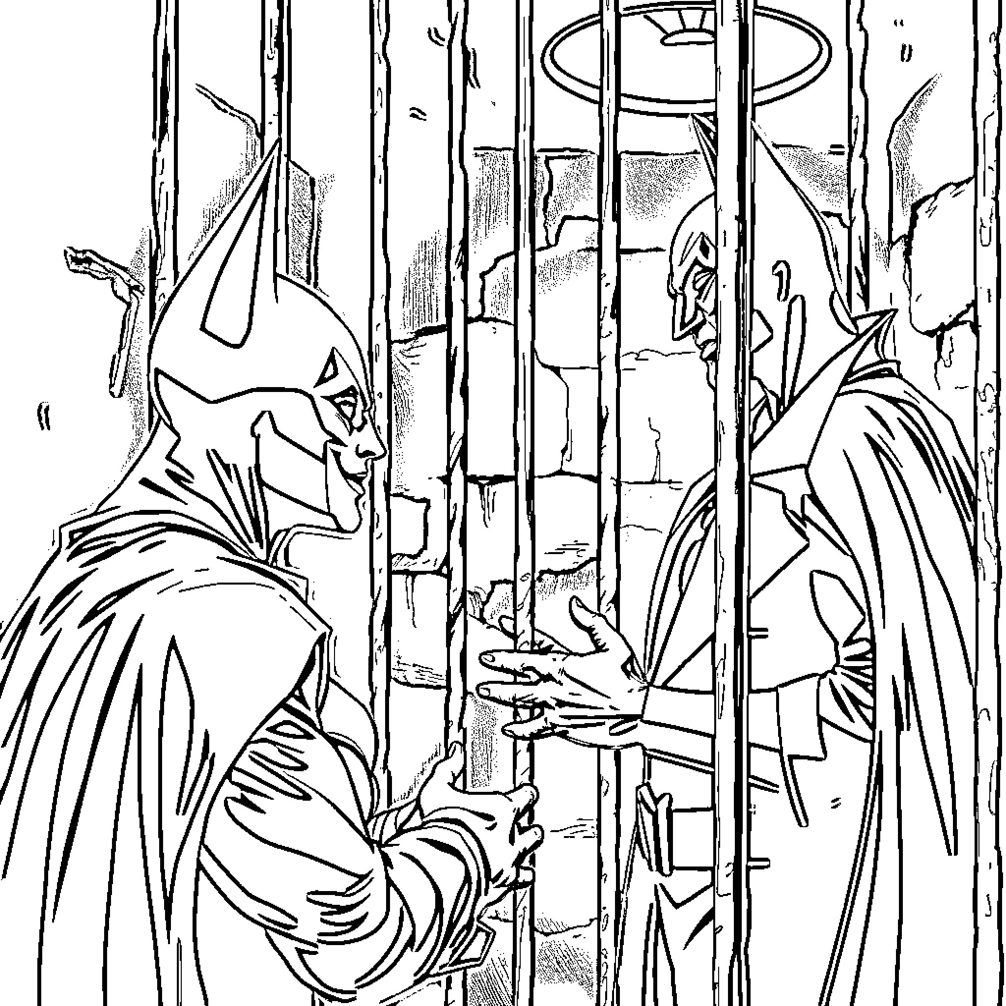 Batman confronting a mysterious figure in a dark, shadowy setting Coloring Page (free black-and-white line drawing printable PDF for all, from beginners to advanced learners, including children, teens, adults, and seniors)