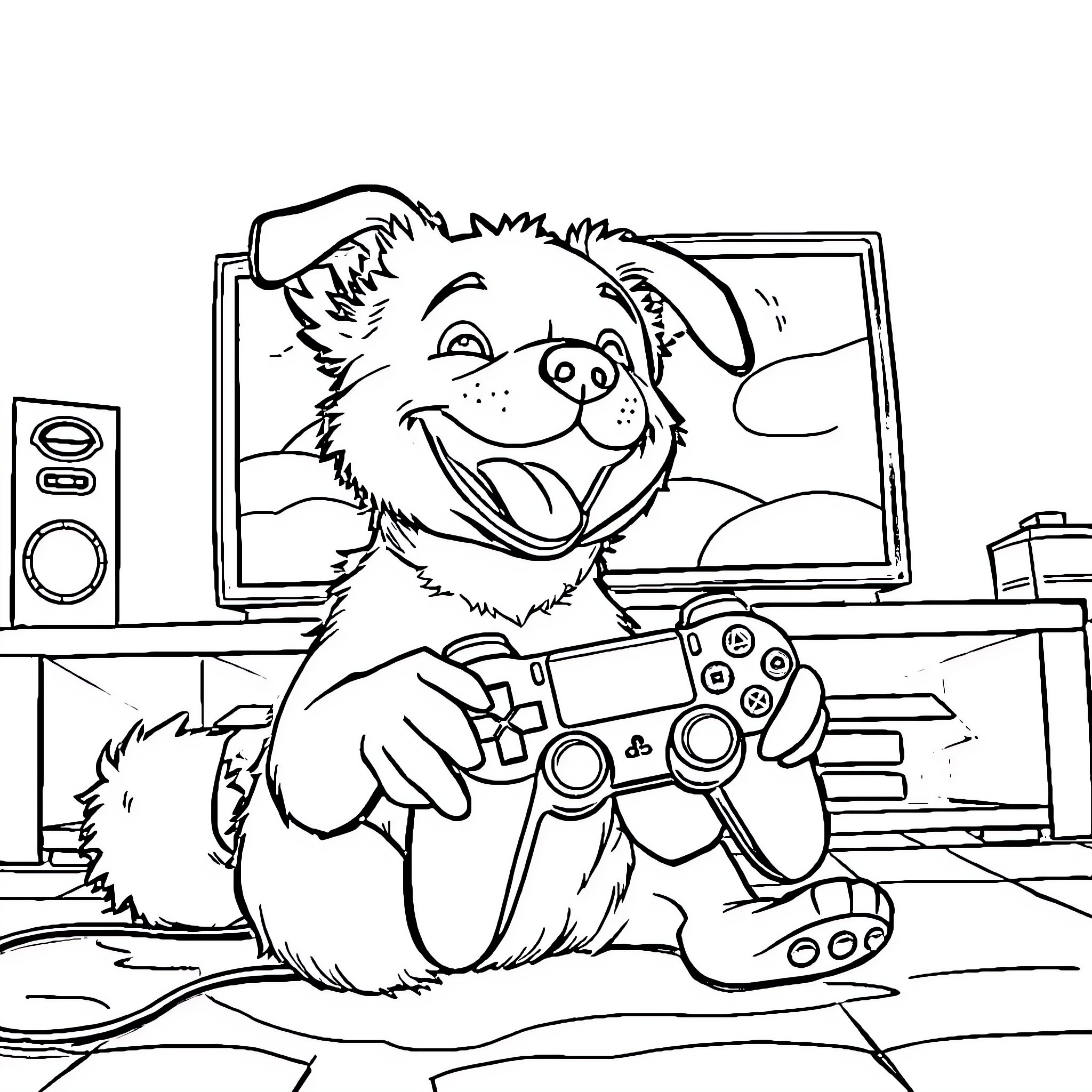 Dog playing video games with joy Coloring Page (free black-and-white line drawing printable PDF for all, from beginners to advanced learners, including children, teens, adults, and seniors)