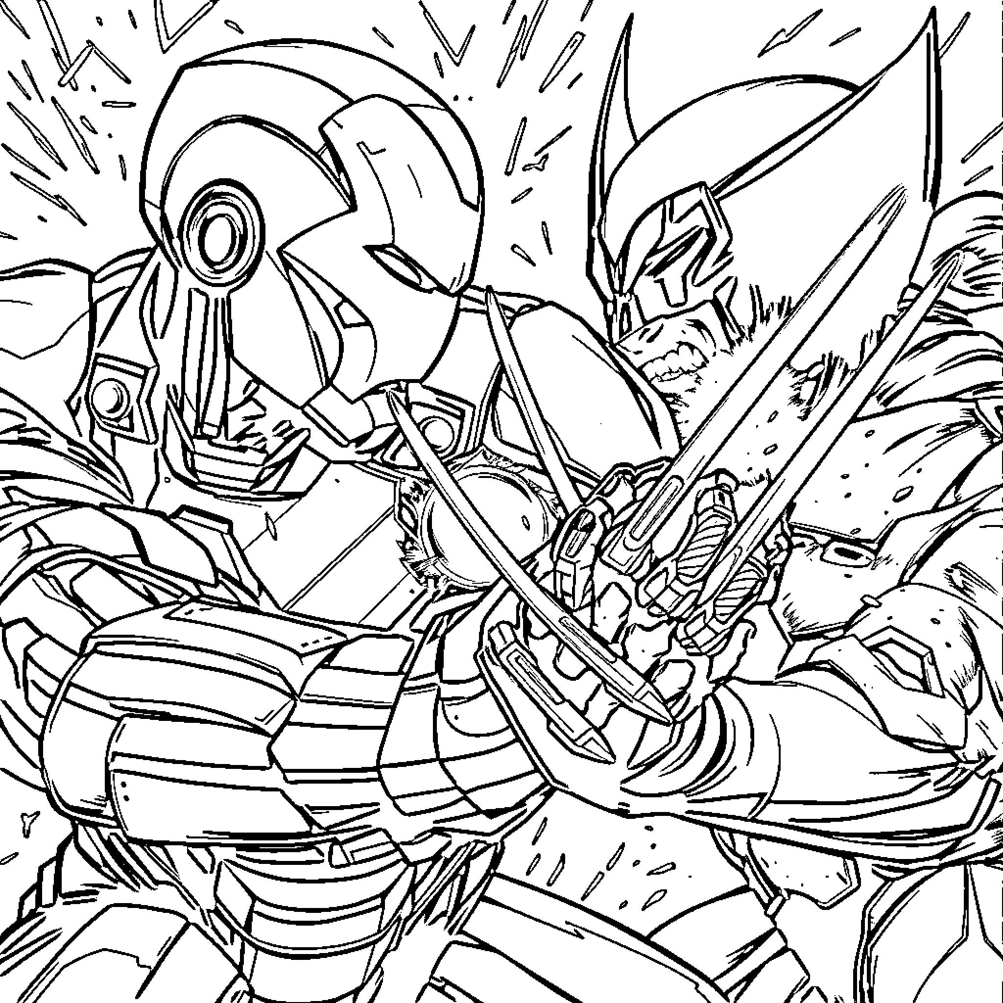 Tony Stark in epic robot battle Coloring Page (free black-and-white line drawing printable PDF for all, from beginners to advanced learners, including children, teens, adults, and seniors)