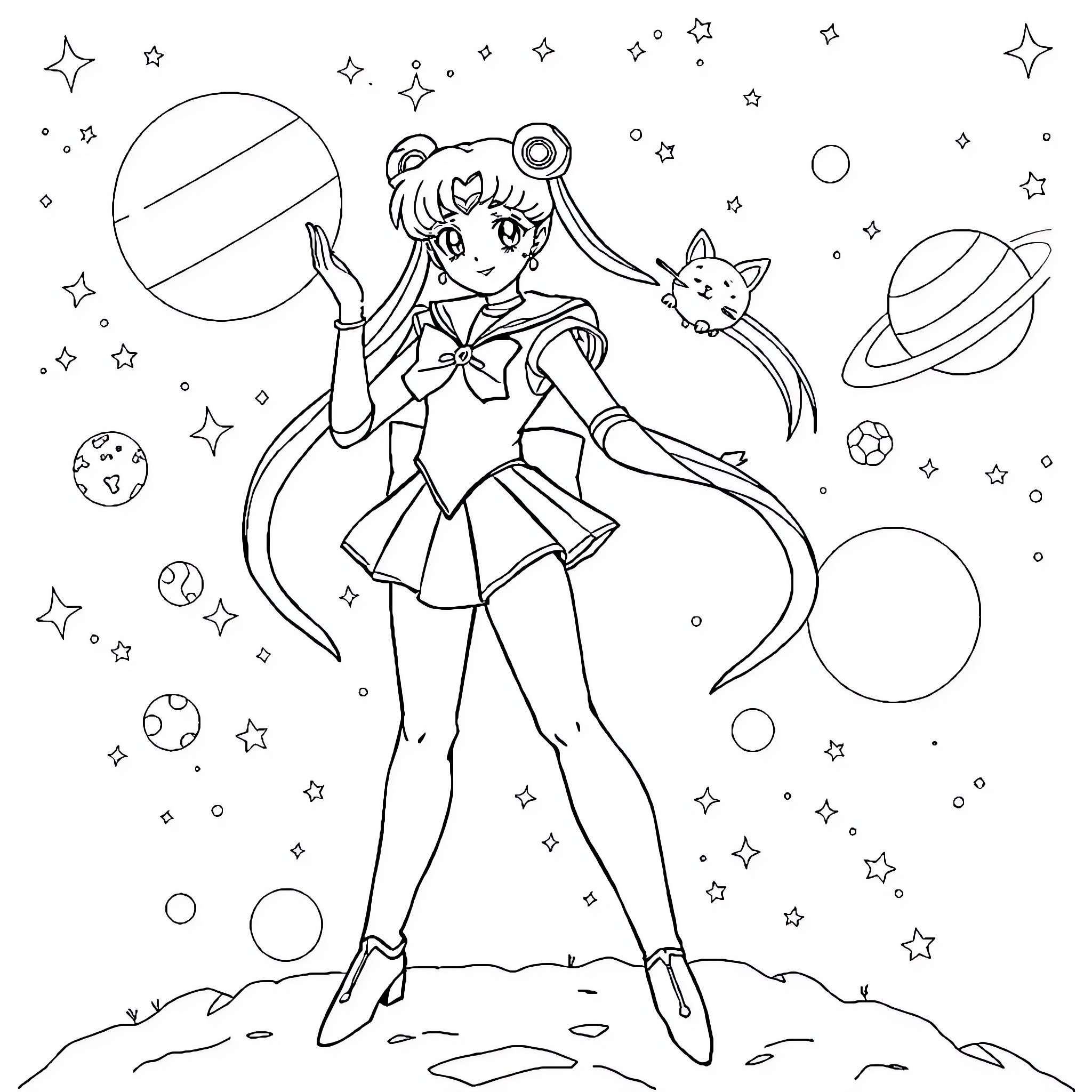 Sailor Moon exploring the cosmos Coloring Page (free black-and-white line drawing printable PDF for all, from beginners to advanced learners, including children, teens, adults, and seniors)