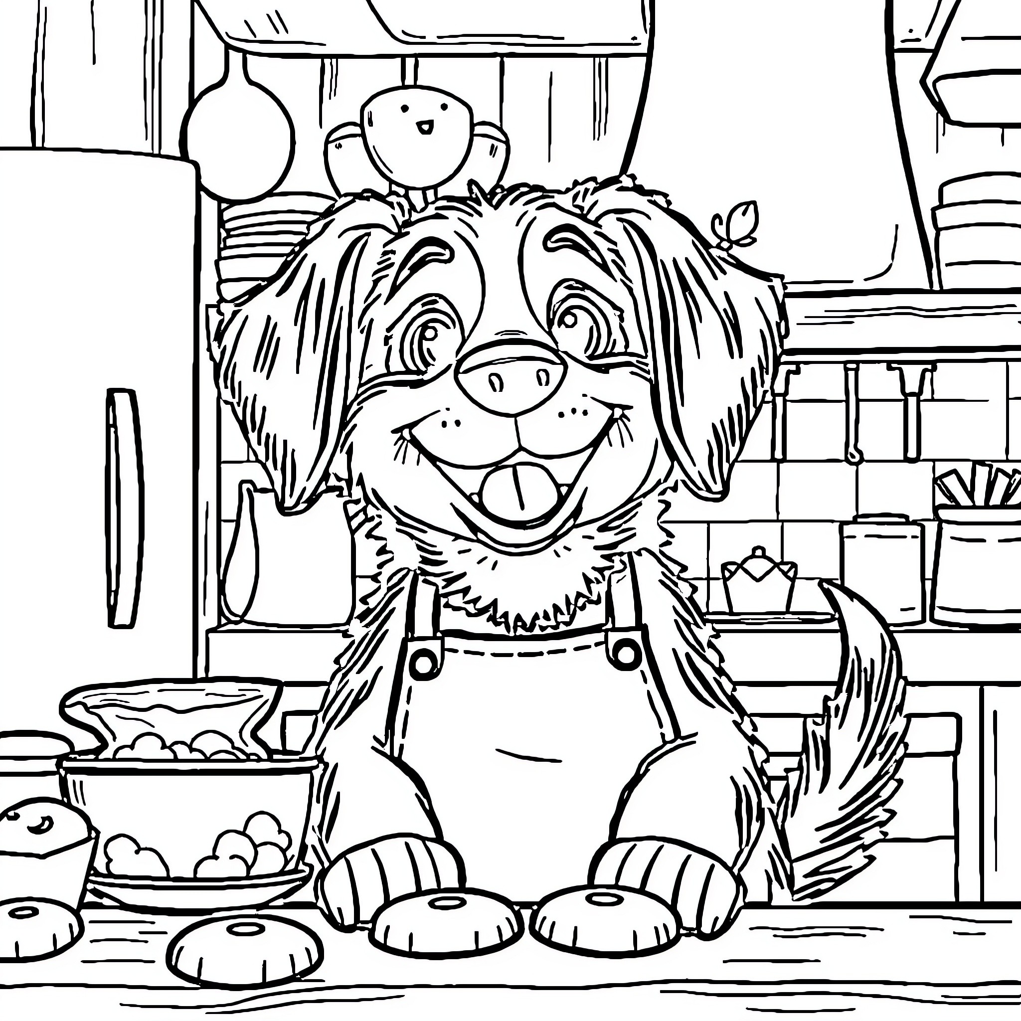 Dog Wearing Apron in Kitchen Coloring Page (free black-and-white line drawing printable PDF for all, from beginners to advanced learners, including children, teens, adults, and seniors)