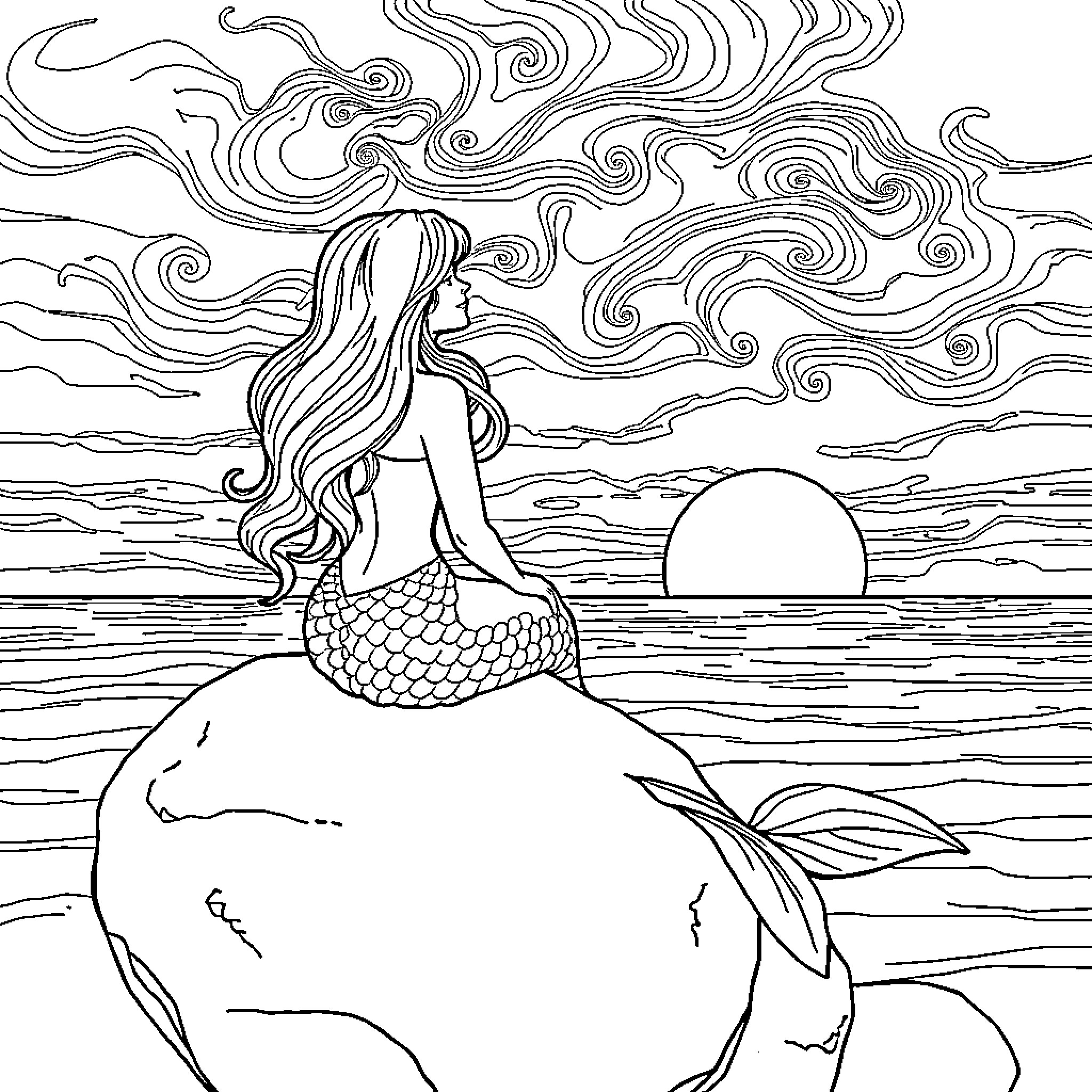 Mermaid watching the sunset over the waves Coloring Page (free black-and-white line drawing printable PDF for all, from beginners to advanced learners, including children, teens, adults, and seniors)