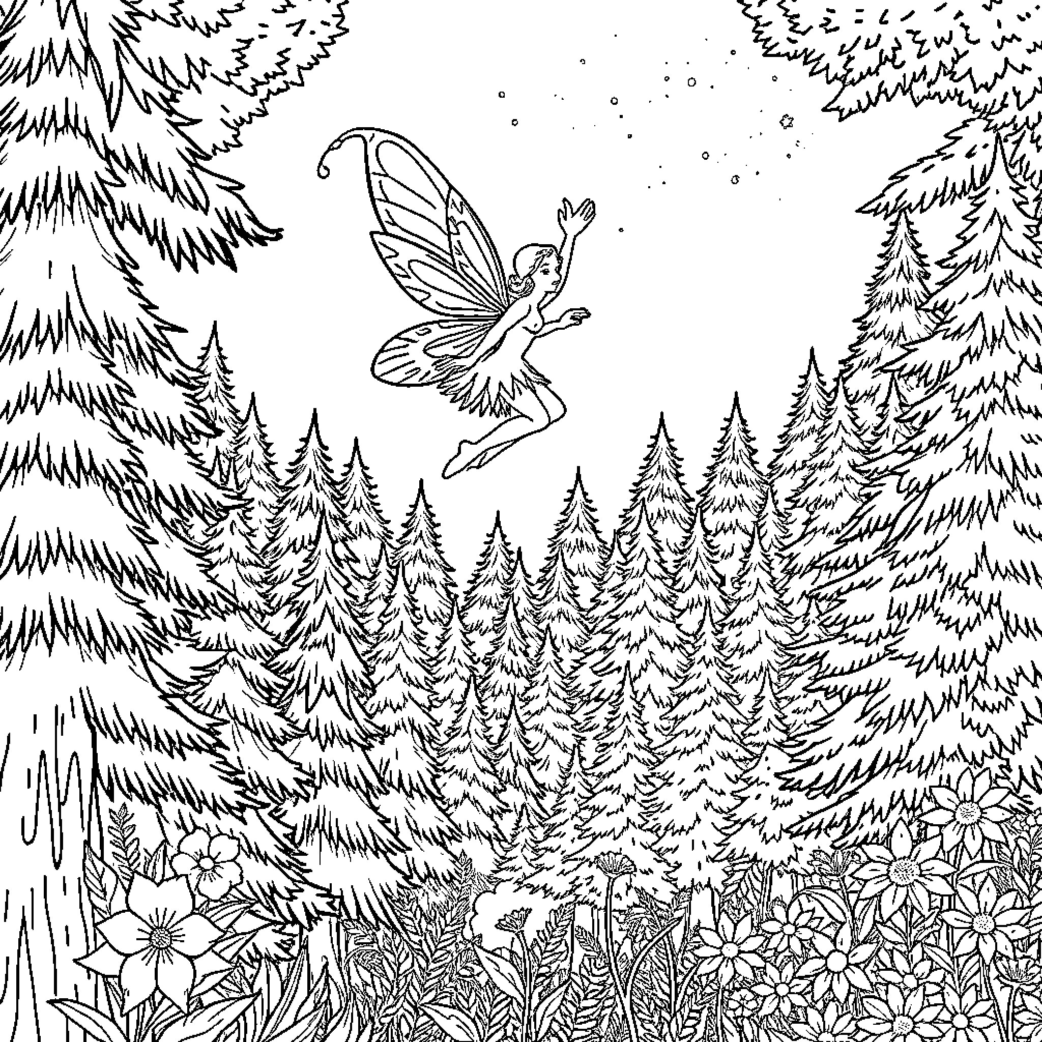 Fairy flying gracefully in enchanted forest Coloring Page (free black-and-white line drawing printable PDF for all, from beginners to advanced learners, including children, teens, adults, and seniors)