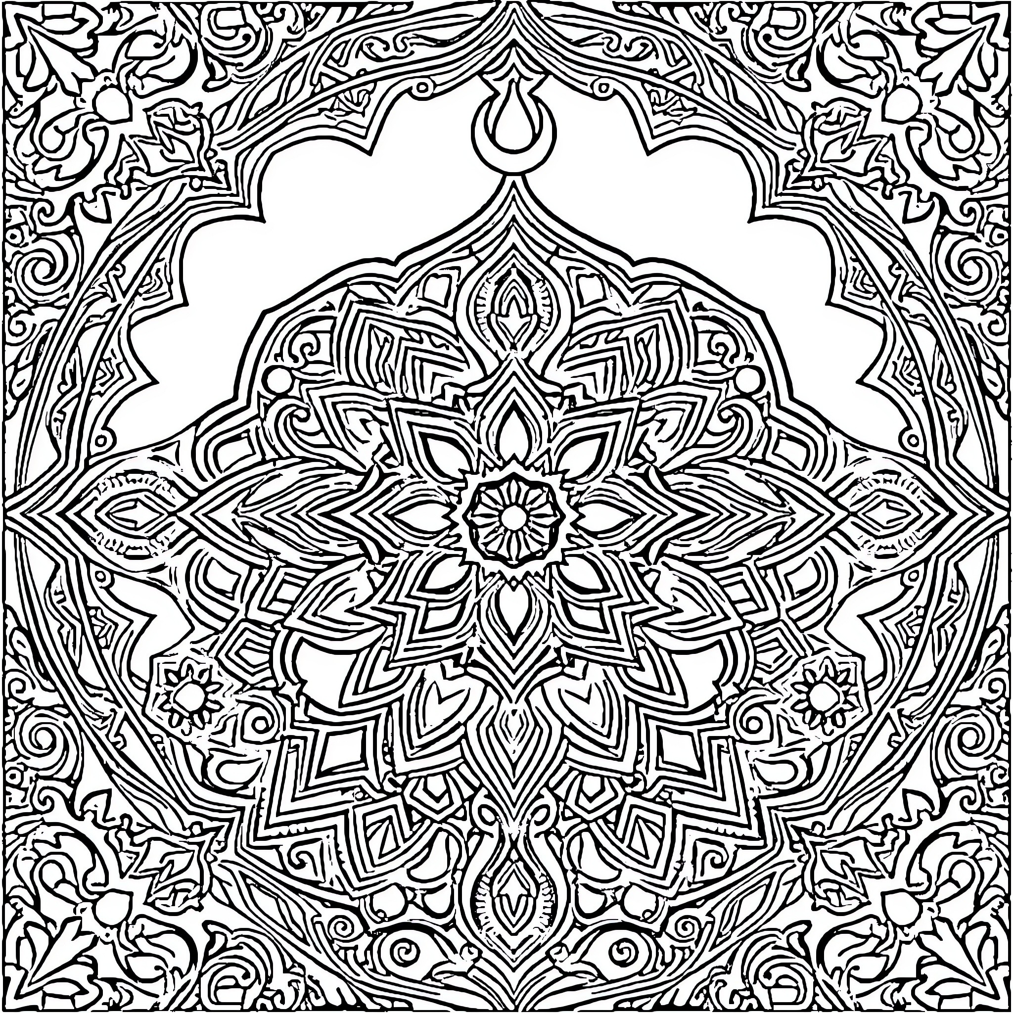 Islamic Ornamental Mandala Pattern Design Coloring Page (free black-and-white line drawing printable PDF for all, from beginners to advanced learners, including children, teens, adults, and seniors)