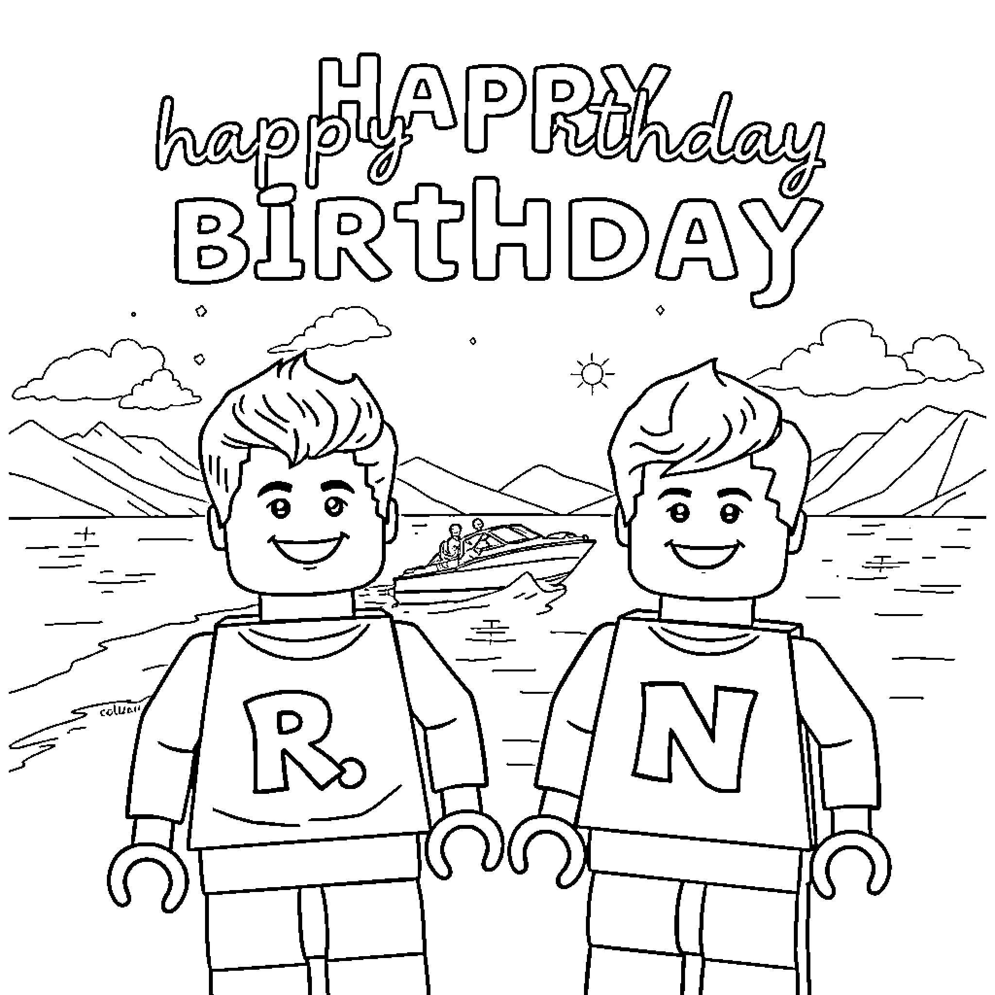Boys in adventure outfits celebrating birthday together Coloring Page (free black-and-white line drawing printable PDF for all, from beginners to advanced learners, including children, teens, adults, and seniors)