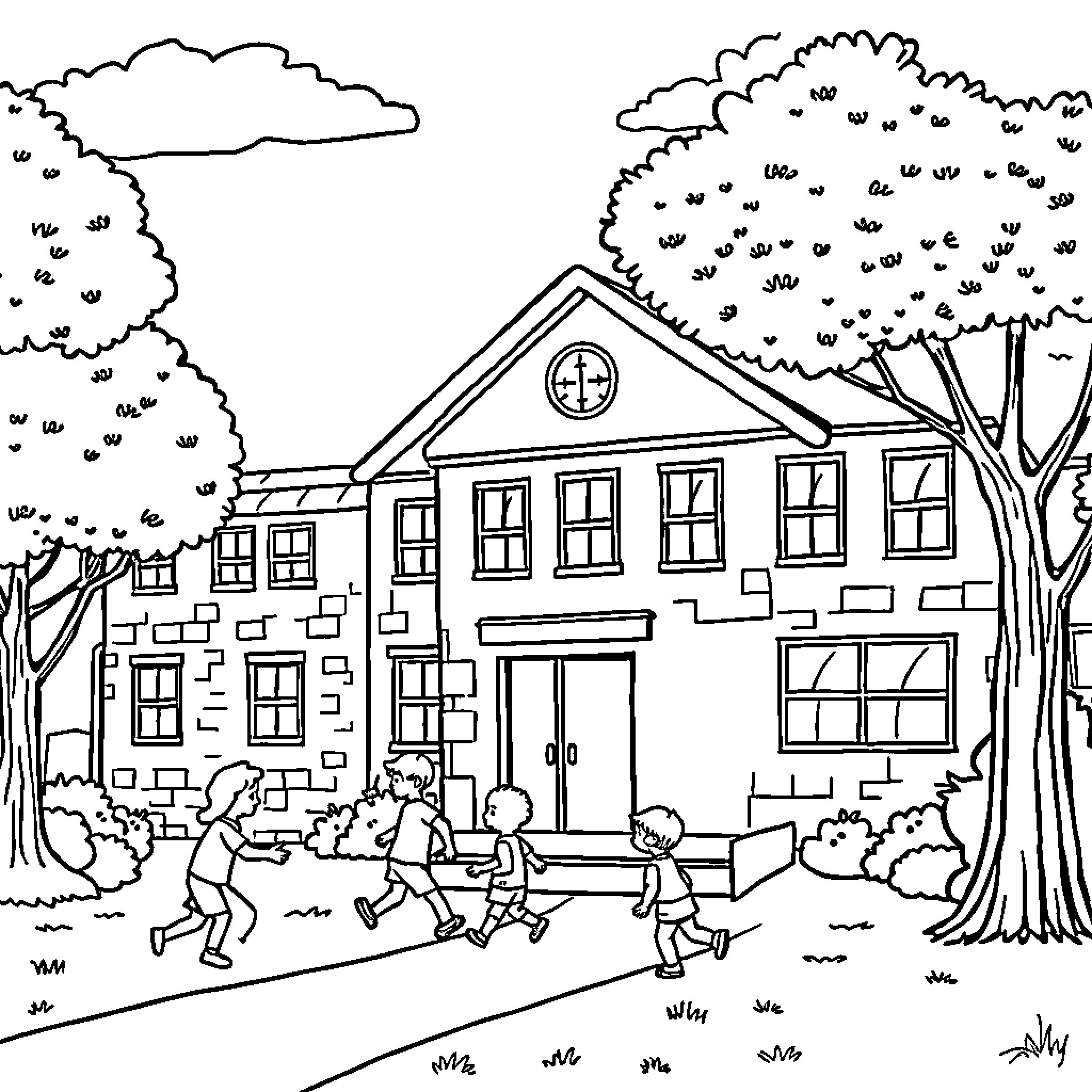 School children playing outdoors on the campus Coloring Page (free black-and-white line drawing printable PDF for all, from beginners to advanced learners, including children, teens, adults, and seniors)
