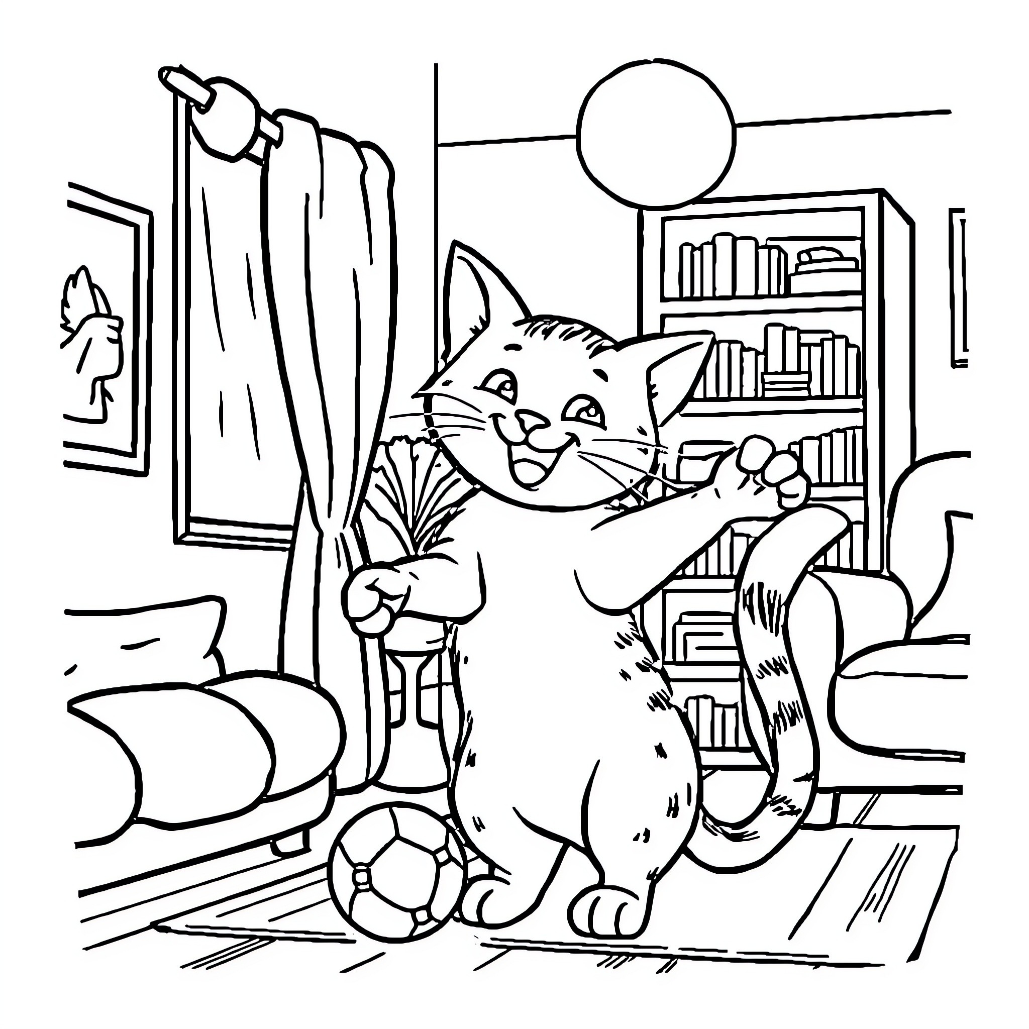 Cat playing with toys in cozy home Coloring Page (free black-and-white line drawing printable PDF for all, from beginners to advanced learners, including children, teens, adults, and seniors)