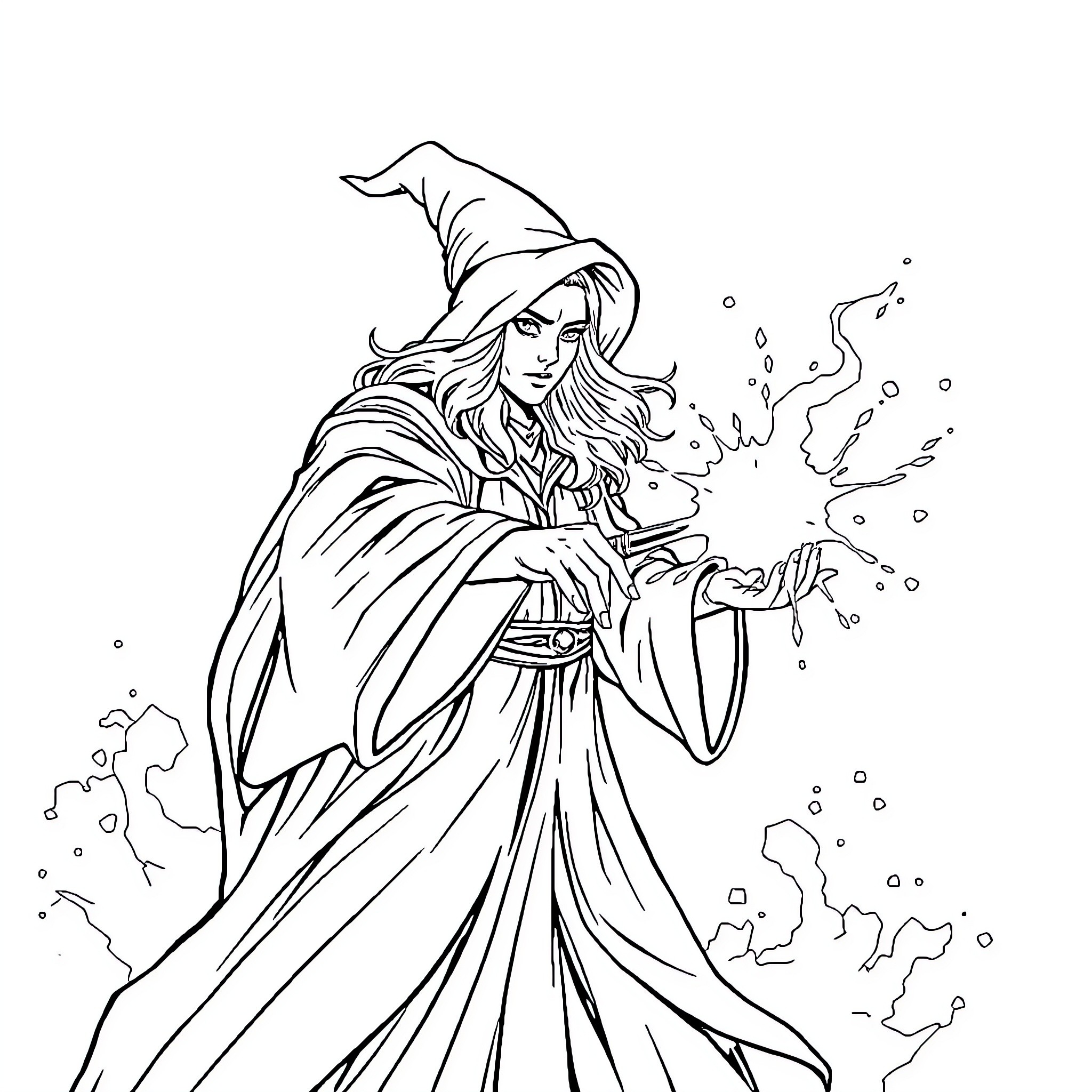Spellcaster conjuring mystical energies Coloring Page (free black-and-white line drawing printable PDF for all, from beginners to advanced learners, including children, teens, adults, and seniors)