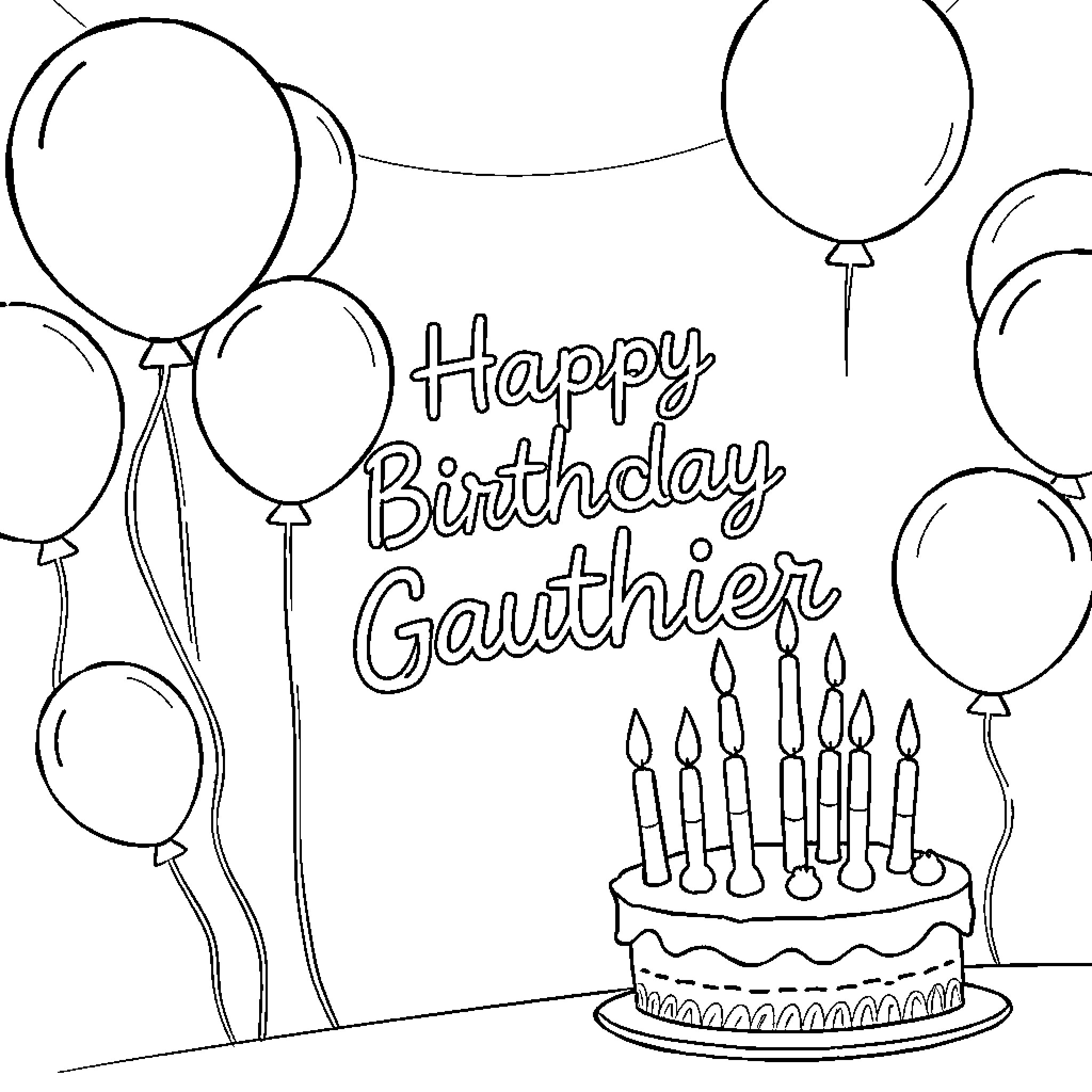 Birthday celebration with balloons and cake Coloring Page (free black-and-white line drawing printable PDF for all, from beginners to advanced learners, including children, teens, adults, and seniors)