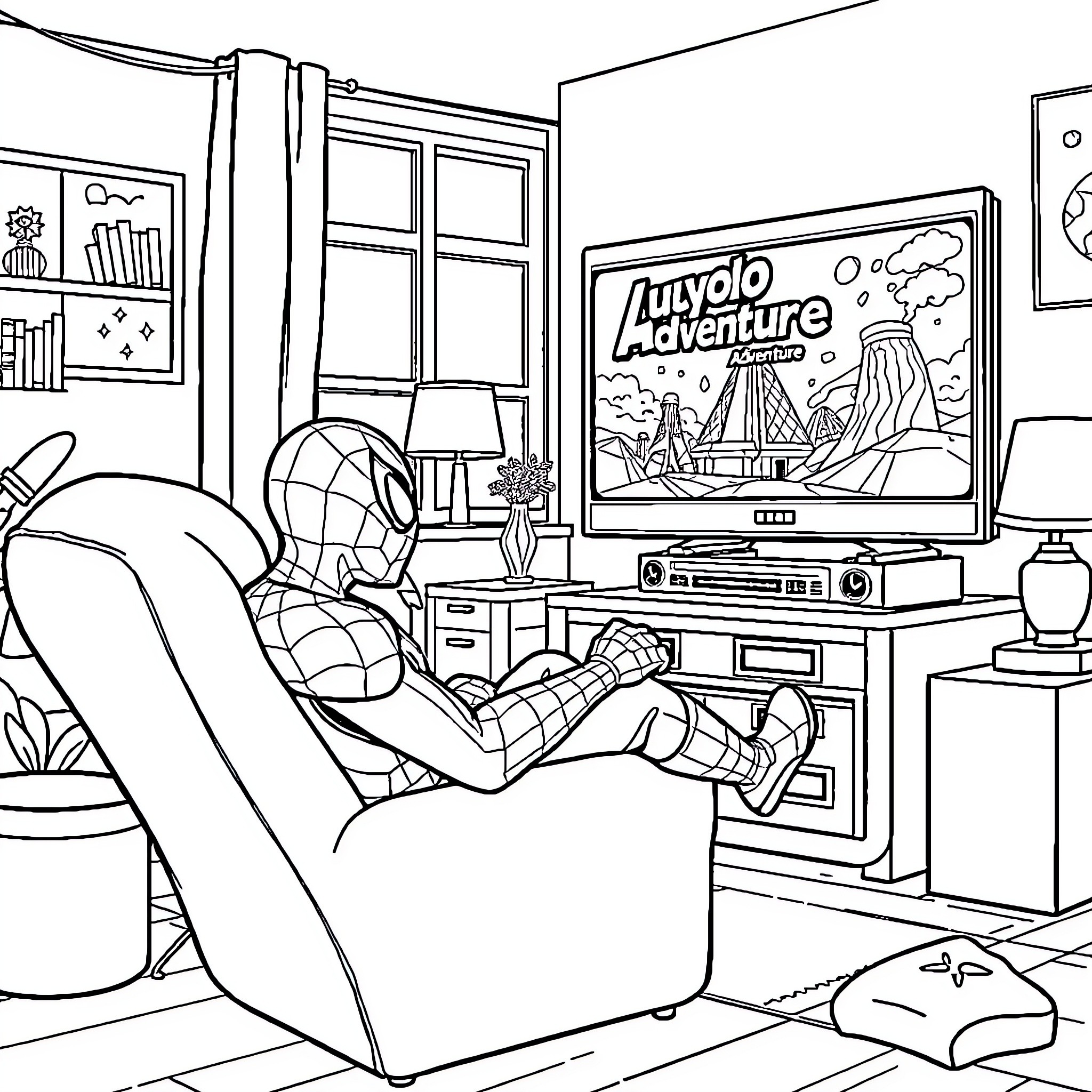 Spiderman relaxing and playing video games at home Coloring Page (free black-and-white line drawing printable PDF for all, from beginners to advanced learners, including children, teens, adults, and seniors)