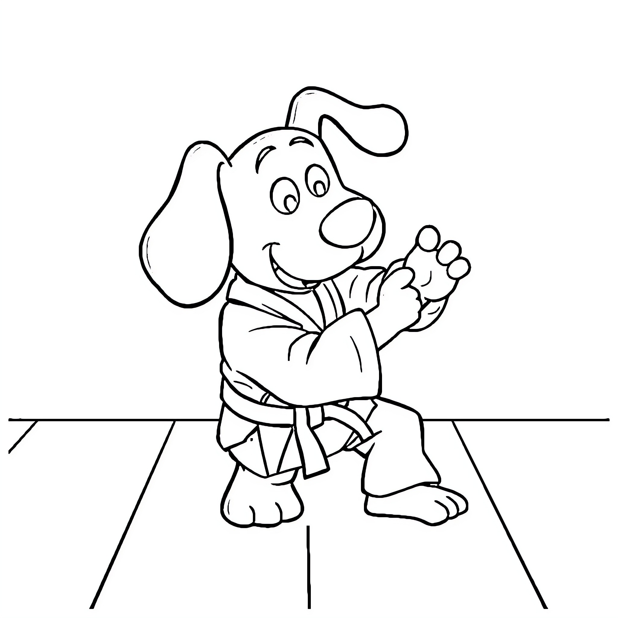 Blue's Clues Dog Character in a Karate Uniform Coloring Page (free black-and-white line drawing printable PDF for all, from beginners to advanced learners, including children, teens, adults, and seniors)